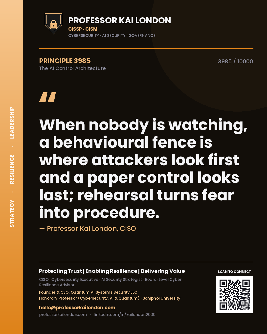 Quote card by Professor Kai London reading 'When nobody is watching, a behavioural fence is where attackers look first and a paper control looks last; rehearsal turns fear into procedure.'. From the book The AI Control Architecture.