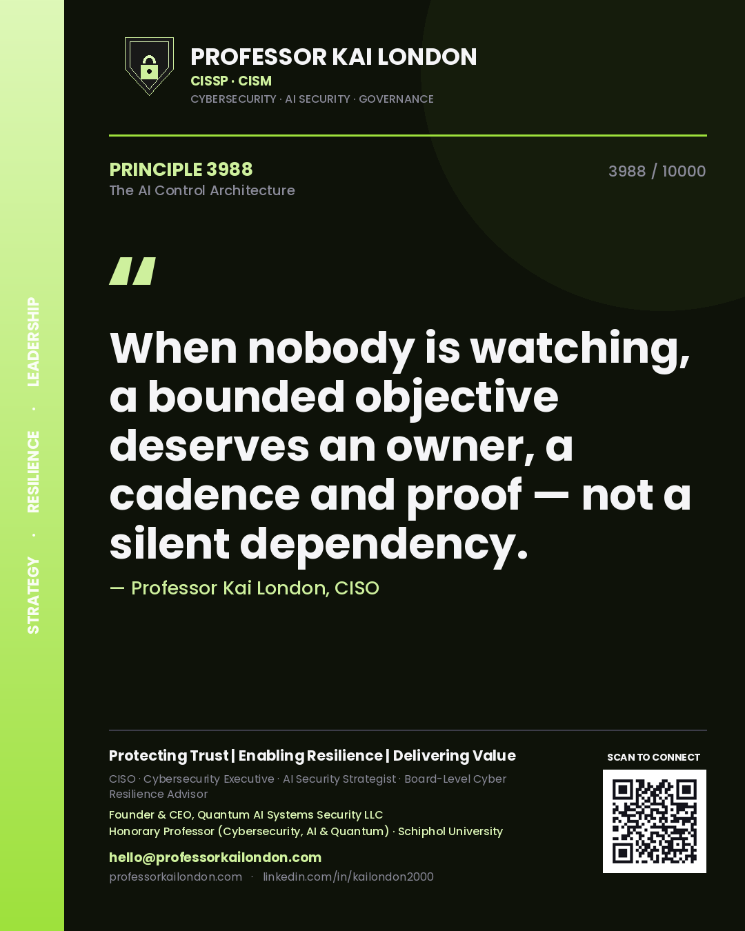 Professor Kai London principle 3988: When nobody is watching, a bounded objective deserves an owner, a cadence and proof — not a silent dependency.