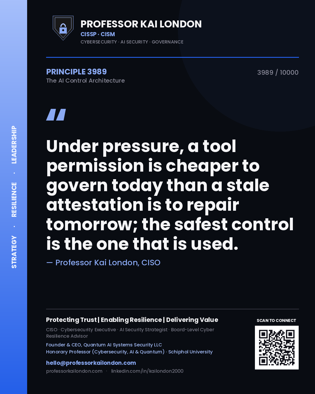 Quote card by Professor Kai London reading 'Under pressure, a tool permission is cheaper to govern today than a stale attestation is to repair tomorrow; the safest control is the one that is used.'. From the book The AI Control Architecture.