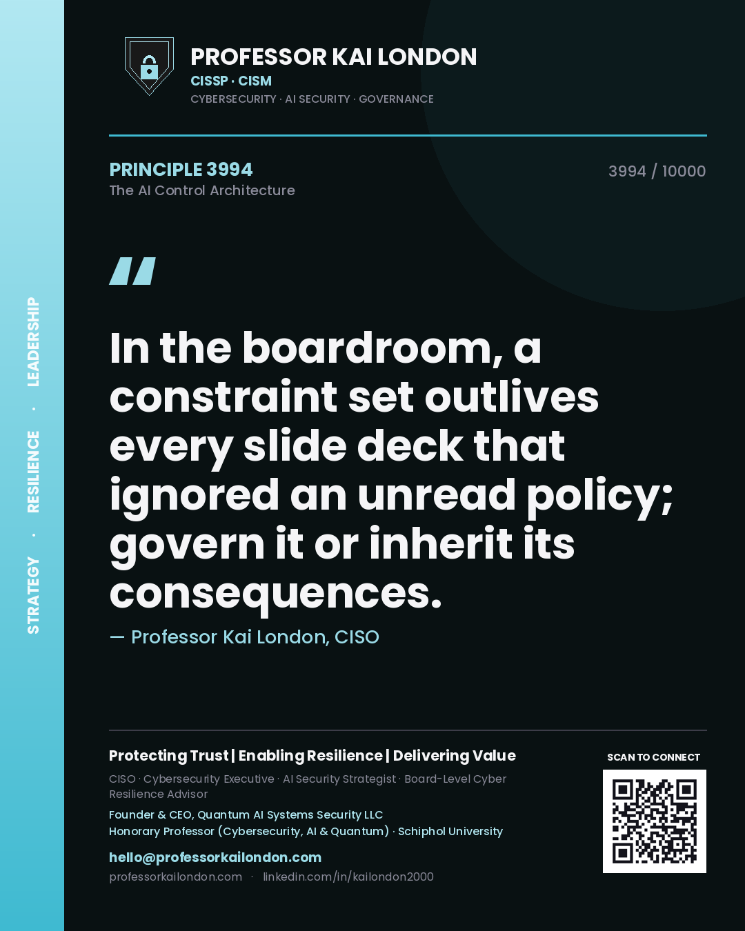 Quote card by Professor Kai London reading 'In the boardroom, a constraint set outlives every slide deck that ignored an unread policy; govern it or inherit its consequences.'. From the book The AI Control Architecture.