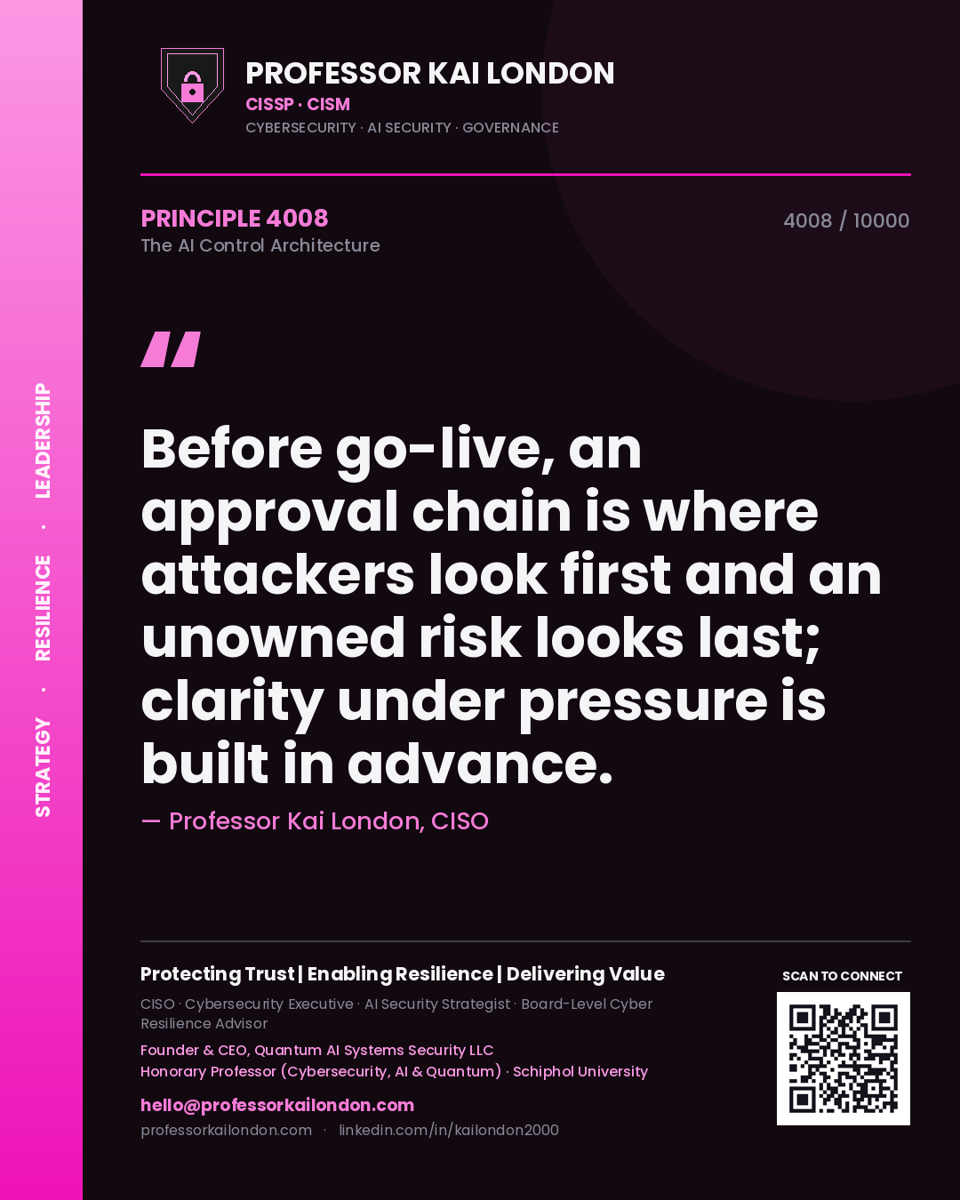 Quote card by Professor Kai London reading 'Before go-live, an approval chain is where attackers look first and an unowned risk looks last; clarity under pressure is built in advance.'. From the book The AI Control Architecture.