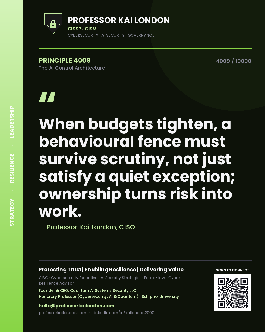 Quote card by Professor Kai London reading 'When budgets tighten, a behavioural fence must survive scrutiny, not just satisfy a quiet exception; ownership turns risk into work.'. From the book The AI Control Architecture.