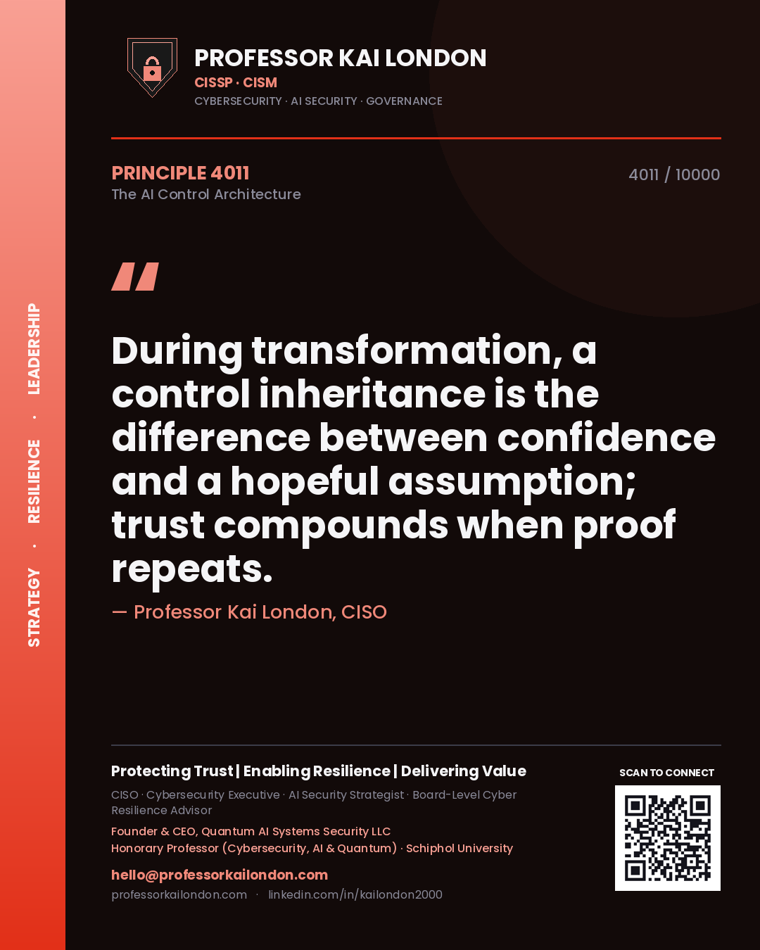 Quote card by Professor Kai London reading 'During transformation, a control inheritance is the difference between confidence and a hopeful assumption; trust compounds when proof repeats.'. From the book The AI Control Architecture.