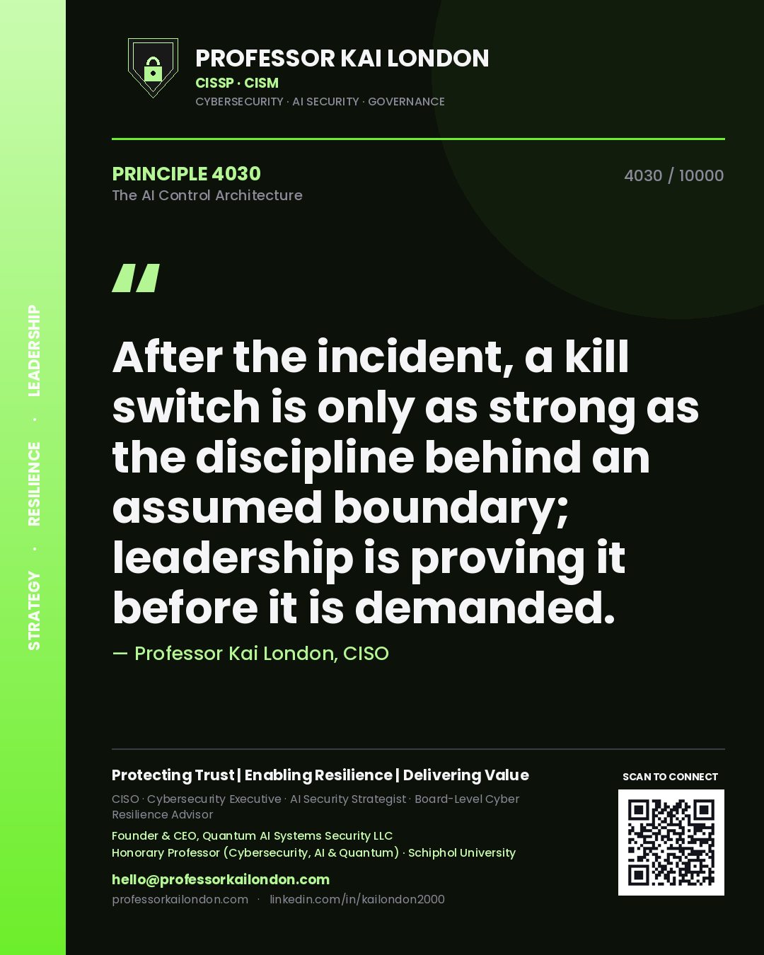 Quote card by Professor Kai London reading 'After the incident, a kill switch is only as strong as the discipline behind an assumed boundary; leadership is proving it before it is demanded.'. From the book The AI Control Architecture.