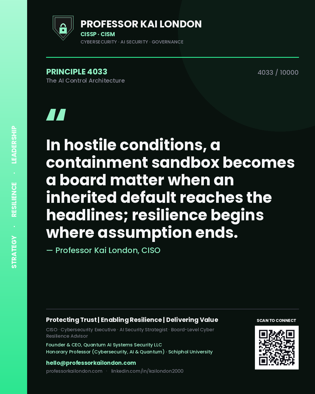 Quote card by Professor Kai London reading 'In hostile conditions, a containment sandbox becomes a board matter when an inherited default reaches the headlines; resilience begins where assumption ends.'. From the book The AI Control Architecture.