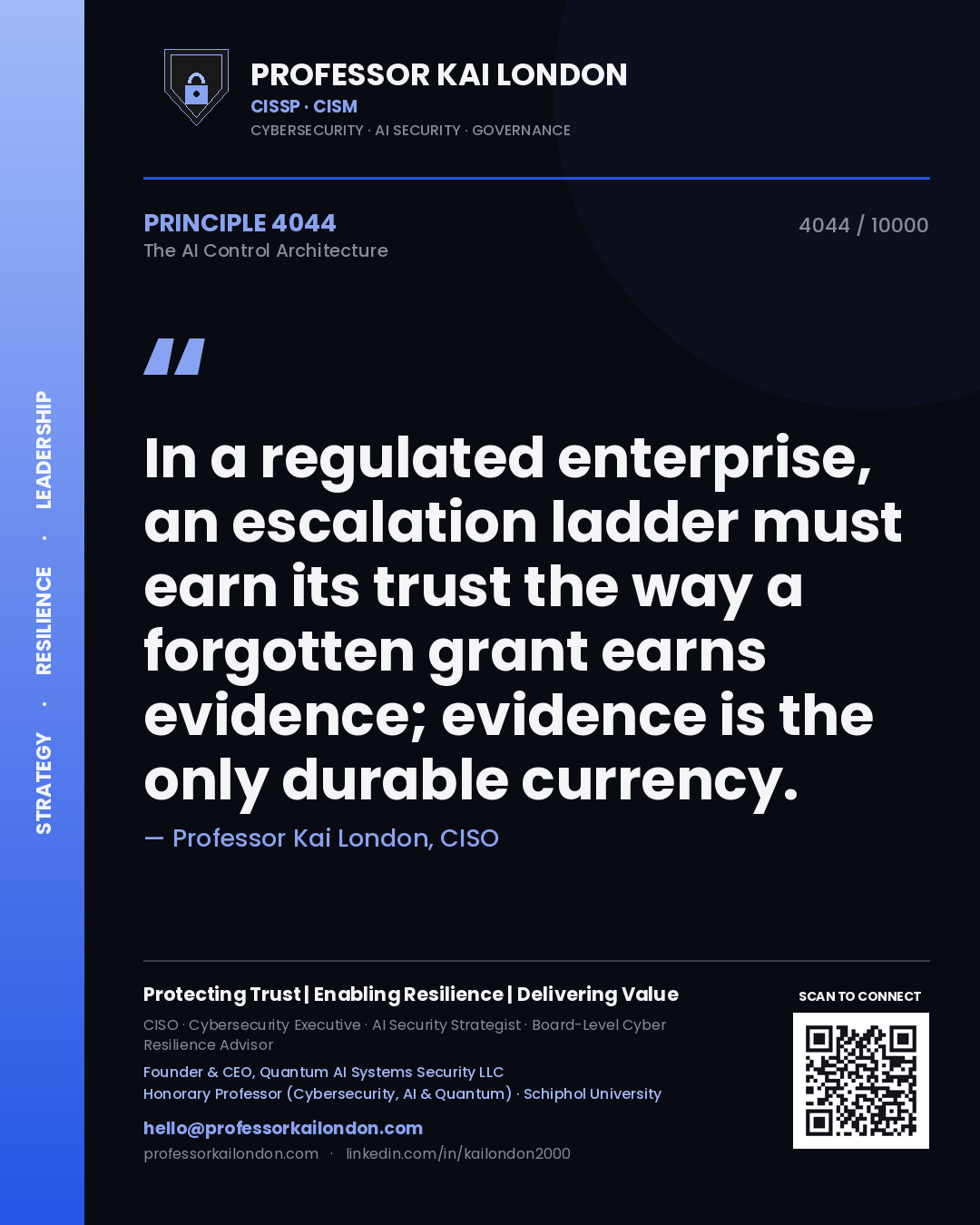 Quote card by Professor Kai London reading 'In a regulated enterprise, an escalation ladder must earn its trust the way a forgotten grant earns evidence; evidence is the only durable currency.'. From the book The AI Control Architecture.