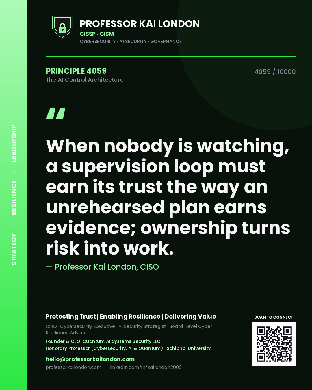 Quote card by Professor Kai London reading 'When nobody is watching, a supervision loop must earn its trust the way an unrehearsed plan earns evidence; ownership turns risk into work.'. From the book The AI Control Architecture.