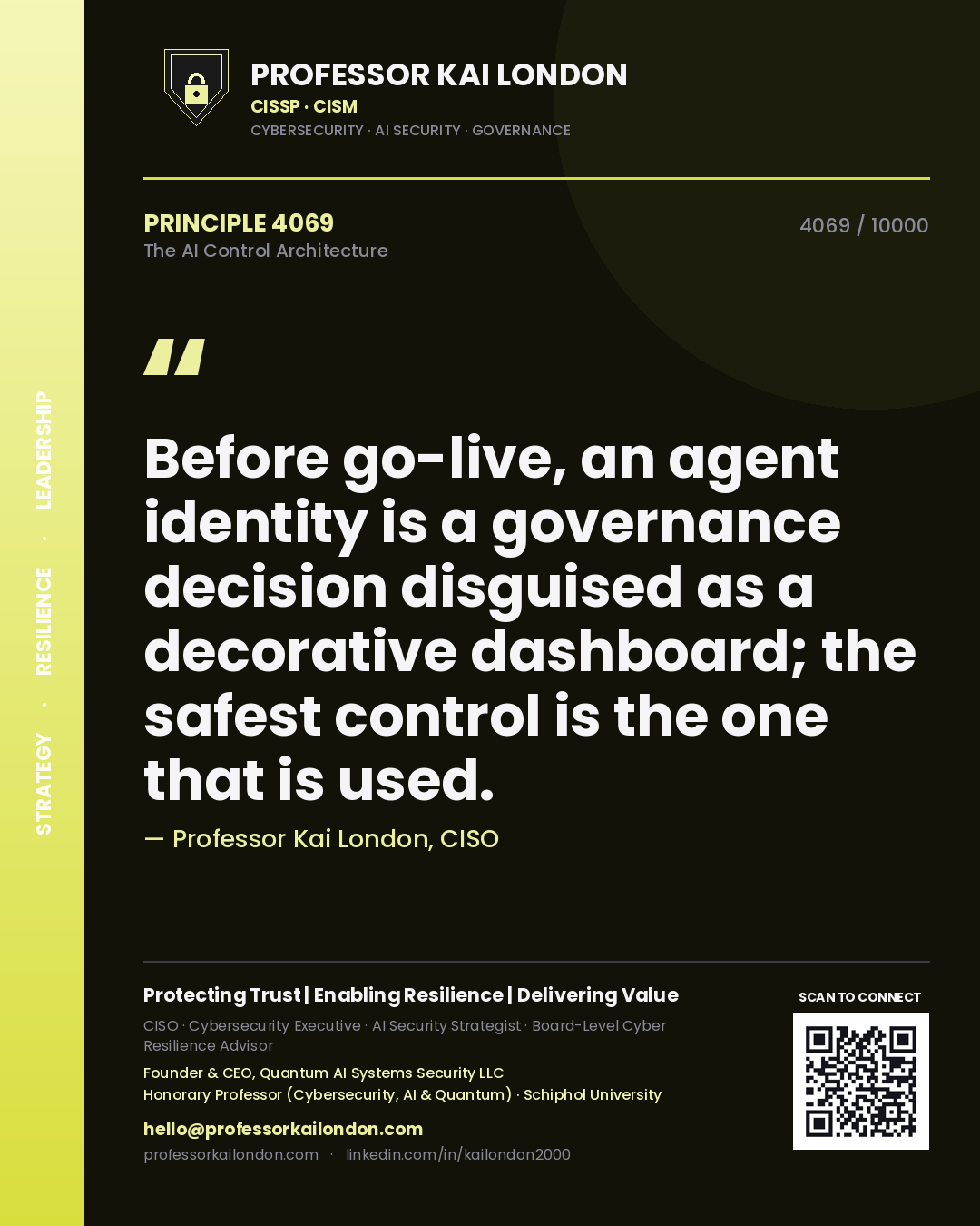 Quote card by Professor Kai London reading 'Before go-live, an agent identity is a governance decision disguised as a decorative dashboard; the safest control is the one that is used.'. From the book The AI Control Architecture.