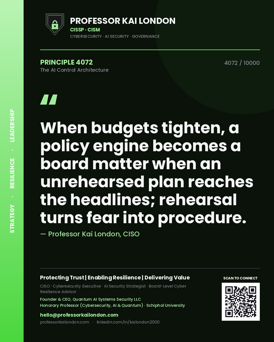 Quote card by Professor Kai London reading 'When budgets tighten, a policy engine becomes a board matter when an unrehearsed plan reaches the headlines; rehearsal turns fear into procedure.'. From the book The AI Control Architecture.