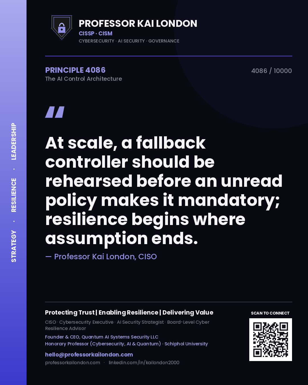 Quote card by Professor Kai London reading 'At scale, a fallback controller should be rehearsed before an unread policy makes it mandatory; resilience begins where assumption ends.'. From the book The AI Control Architecture.