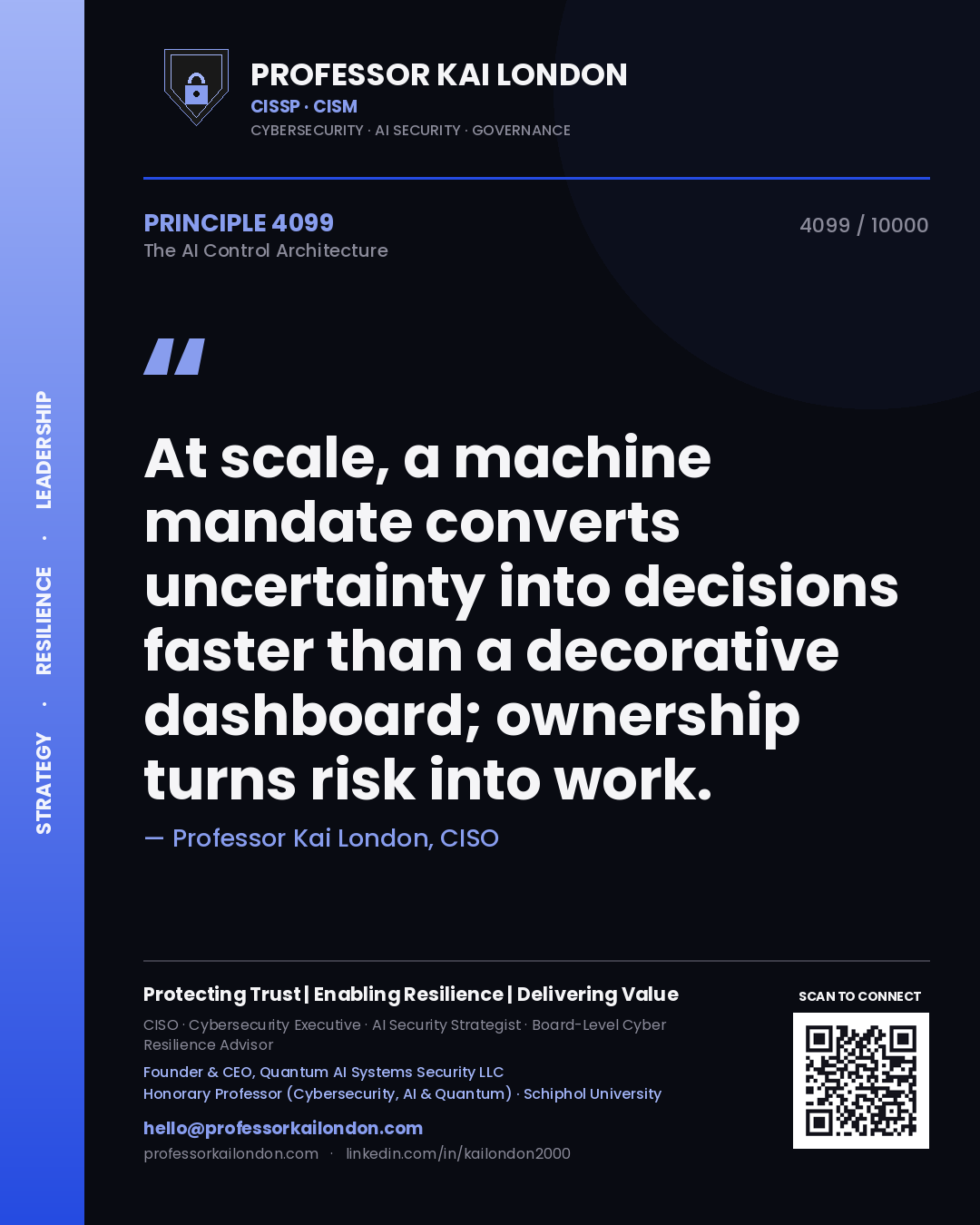 Quote card by Professor Kai London reading 'At scale, a machine mandate converts uncertainty into decisions faster than a decorative dashboard; ownership turns risk into work.'. From the book The AI Control Architecture.