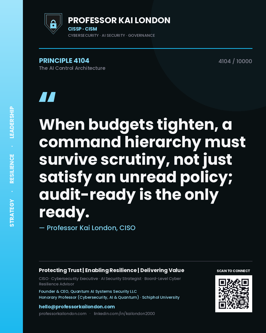 Quote card by Professor Kai London reading 'When budgets tighten, a command hierarchy must survive scrutiny, not just satisfy an unread policy; audit-ready is the only ready.'. From the book The AI Control Architecture.
