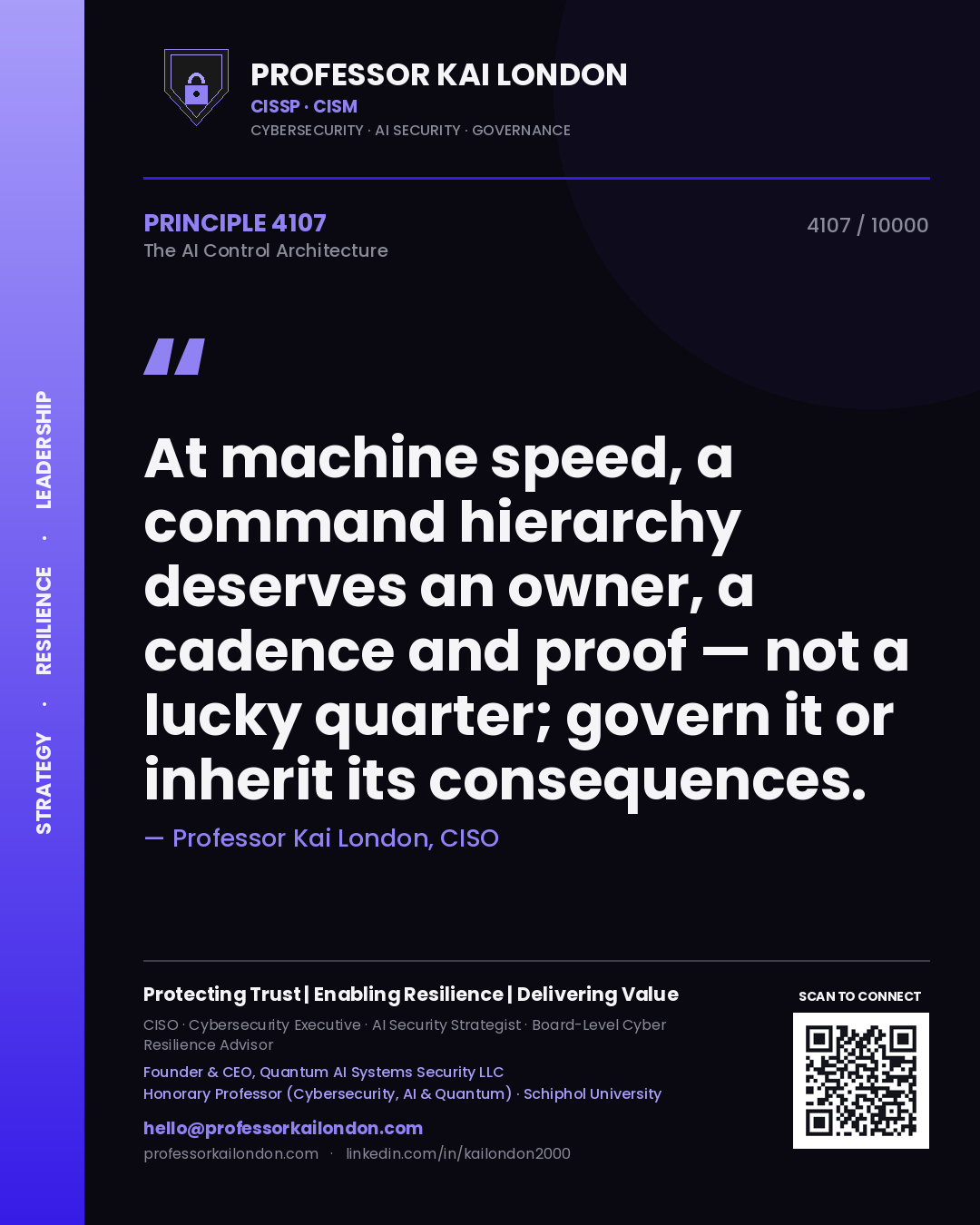 Quote card by Professor Kai London reading 'At machine speed, a command hierarchy deserves an owner, a cadence and proof — not a lucky quarter; govern it or inherit its consequences.'. From the book The AI Control Architecture.