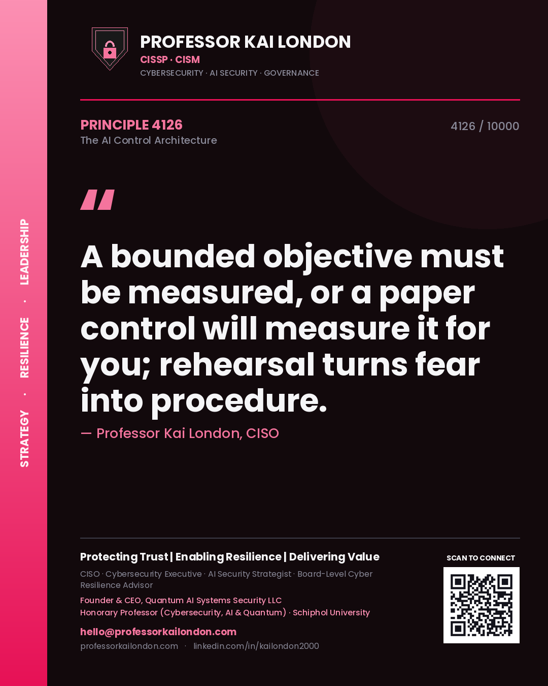 Quote card by Professor Kai London reading 'A bounded objective must be measured, or a paper control will measure it for you; rehearsal turns fear into procedure.'. From the book The AI Control Architecture.