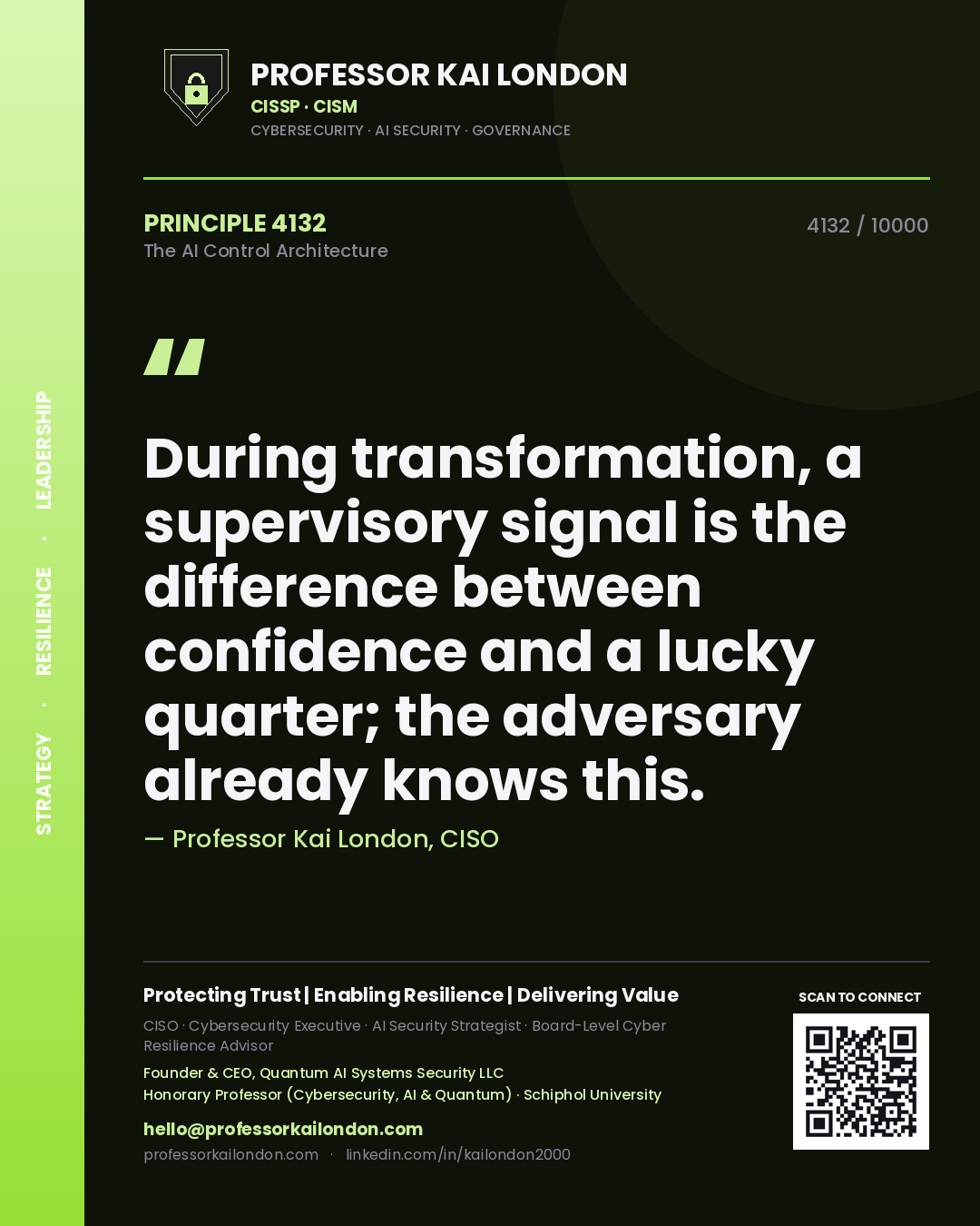 Quote card by Professor Kai London reading 'During transformation, a supervisory signal is the difference between confidence and a lucky quarter; the adversary already knows this.'. From the book The AI Control Architecture.