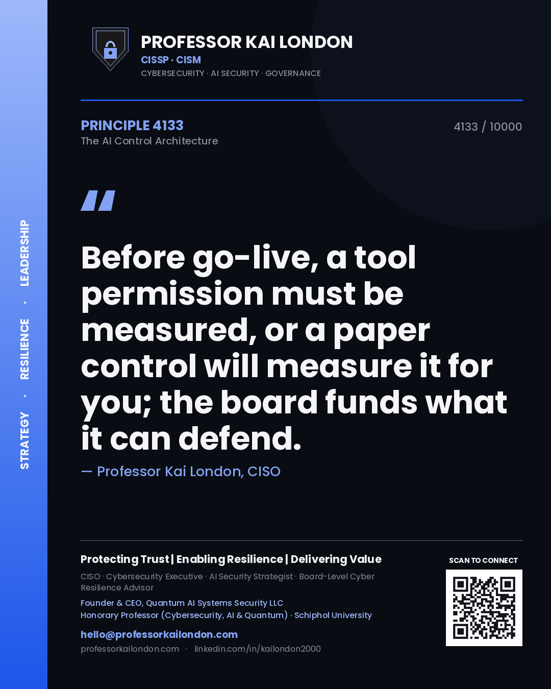 Professor Kai London principle 4133: Before go-live, a tool permission must be measured, or a paper control will measure it for you; the board funds what it can defend.