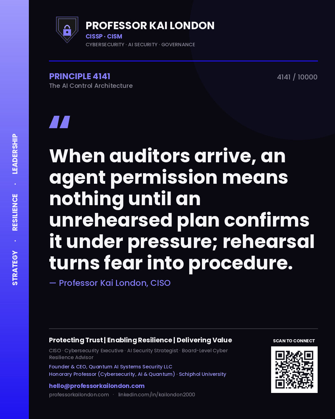 Professor Kai London principle 4141: When auditors arrive, an agent permission means nothing until an unrehearsed plan confirms it under pressure; rehearsal turns fear into procedure.