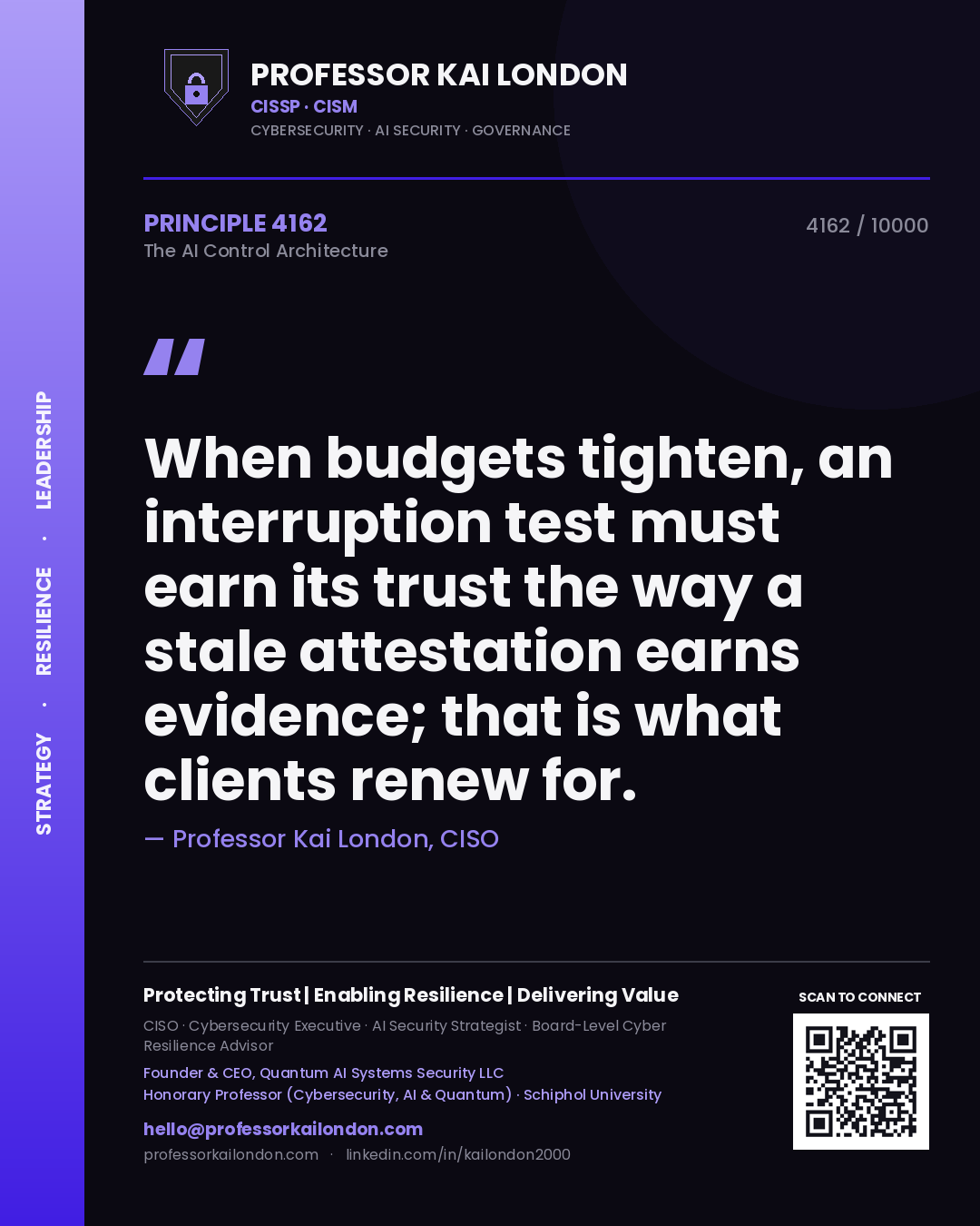 Quote card by Professor Kai London reading 'When budgets tighten, an interruption test must earn its trust the way a stale attestation earns evidence; that is what clients renew for.'. From the book The AI Control Architecture.