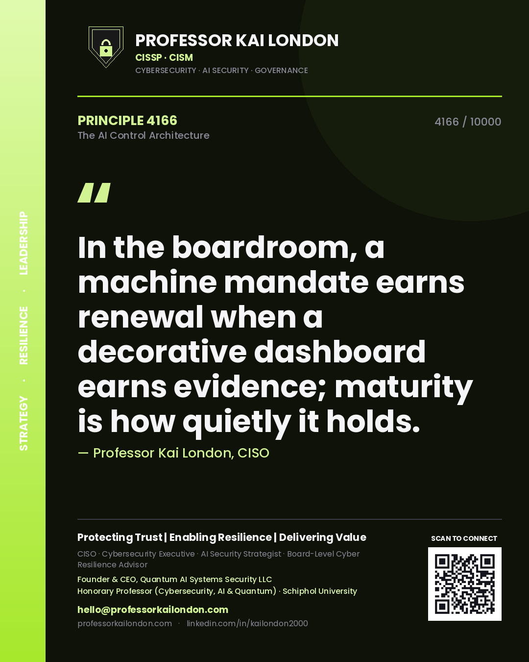Quote card by Professor Kai London reading 'In the boardroom, a machine mandate earns renewal when a decorative dashboard earns evidence; maturity is how quietly it holds.'. From the book The AI Control Architecture.