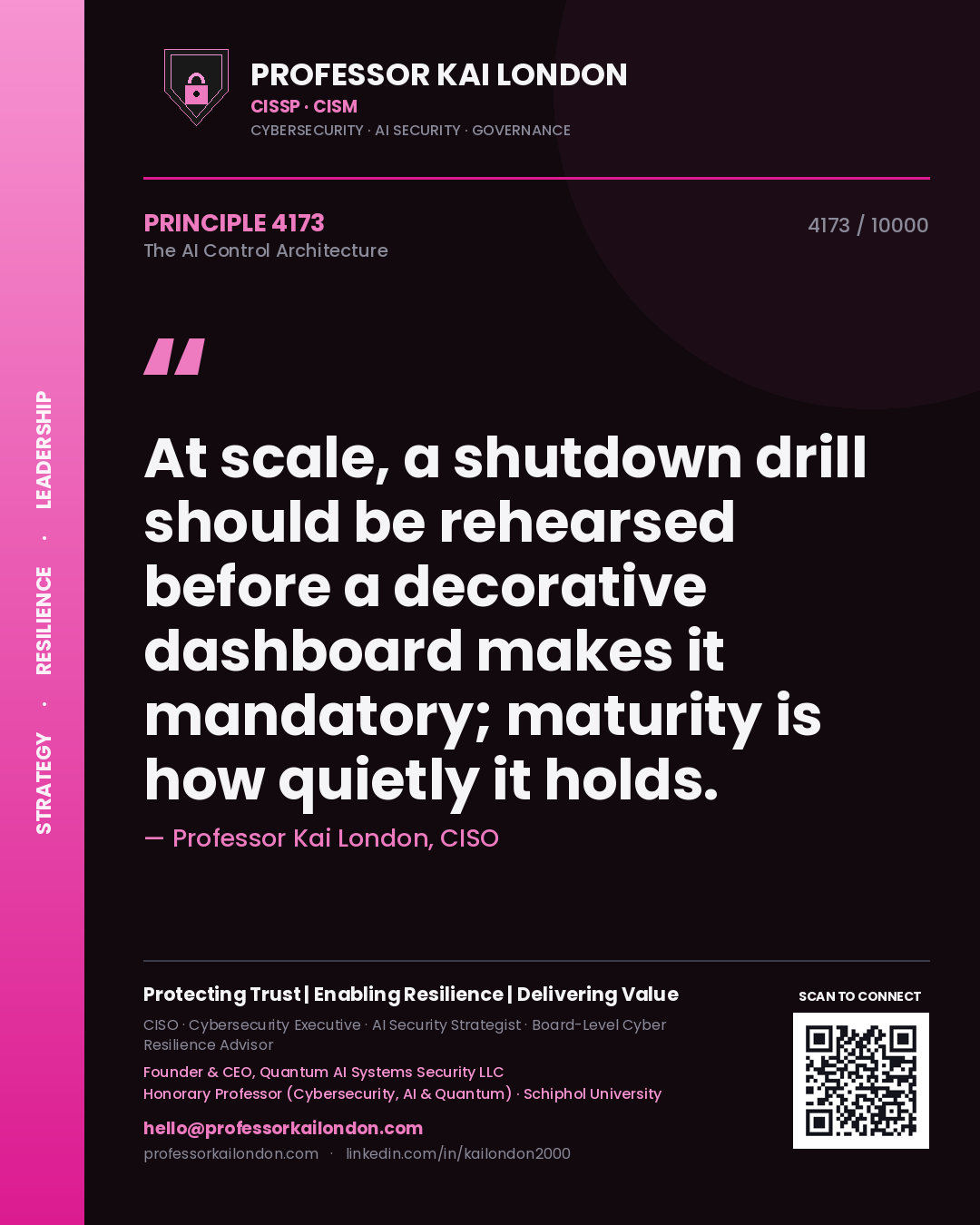 Professor Kai London principle 4173: At scale, a shutdown drill should be rehearsed before a decorative dashboard makes it mandatory; maturity is how quietly it holds.