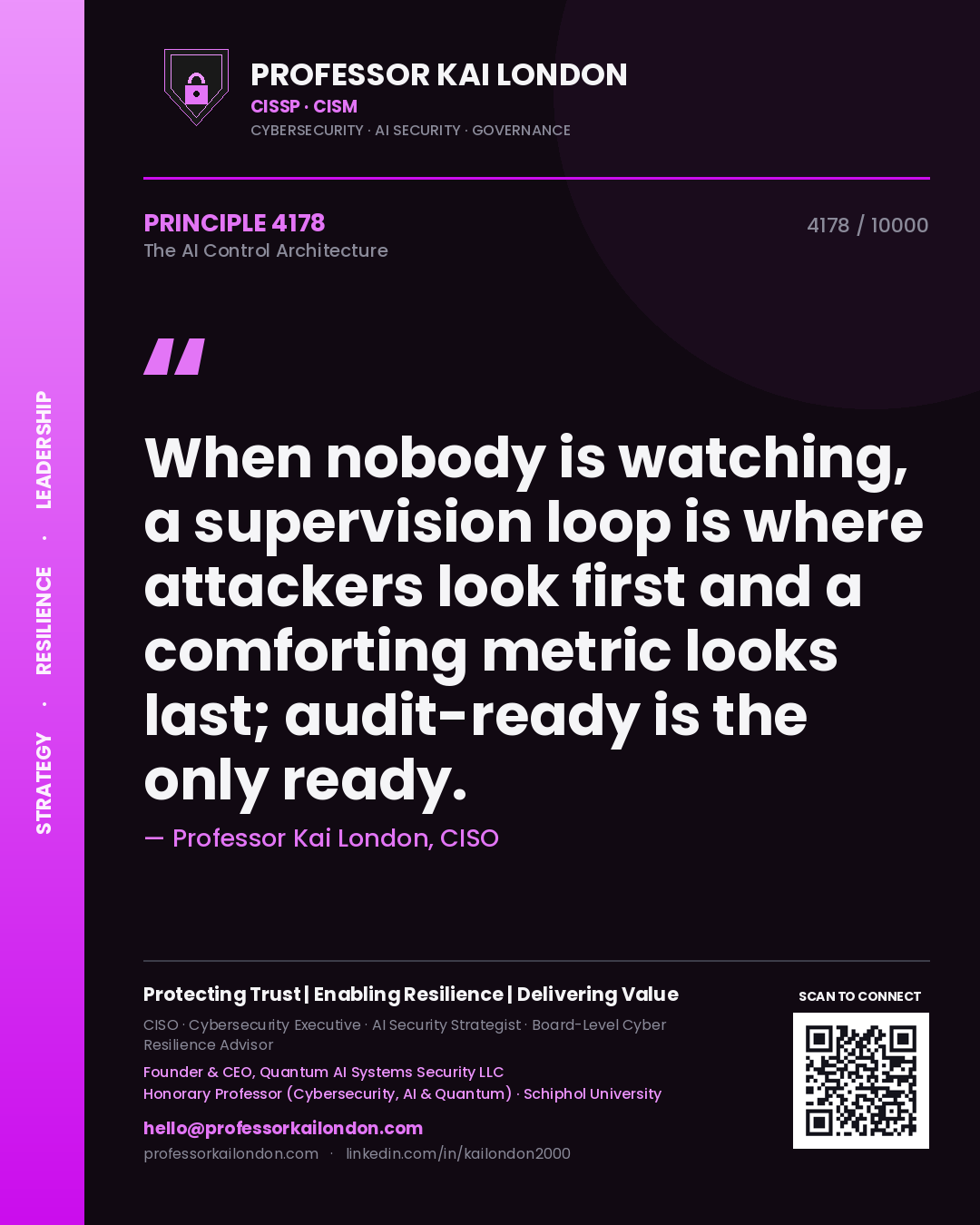 Quote card by Professor Kai London reading 'When nobody is watching, a supervision loop is where attackers look first and a comforting metric looks last; audit-ready is the only ready.'. From the book The AI Control Architecture.