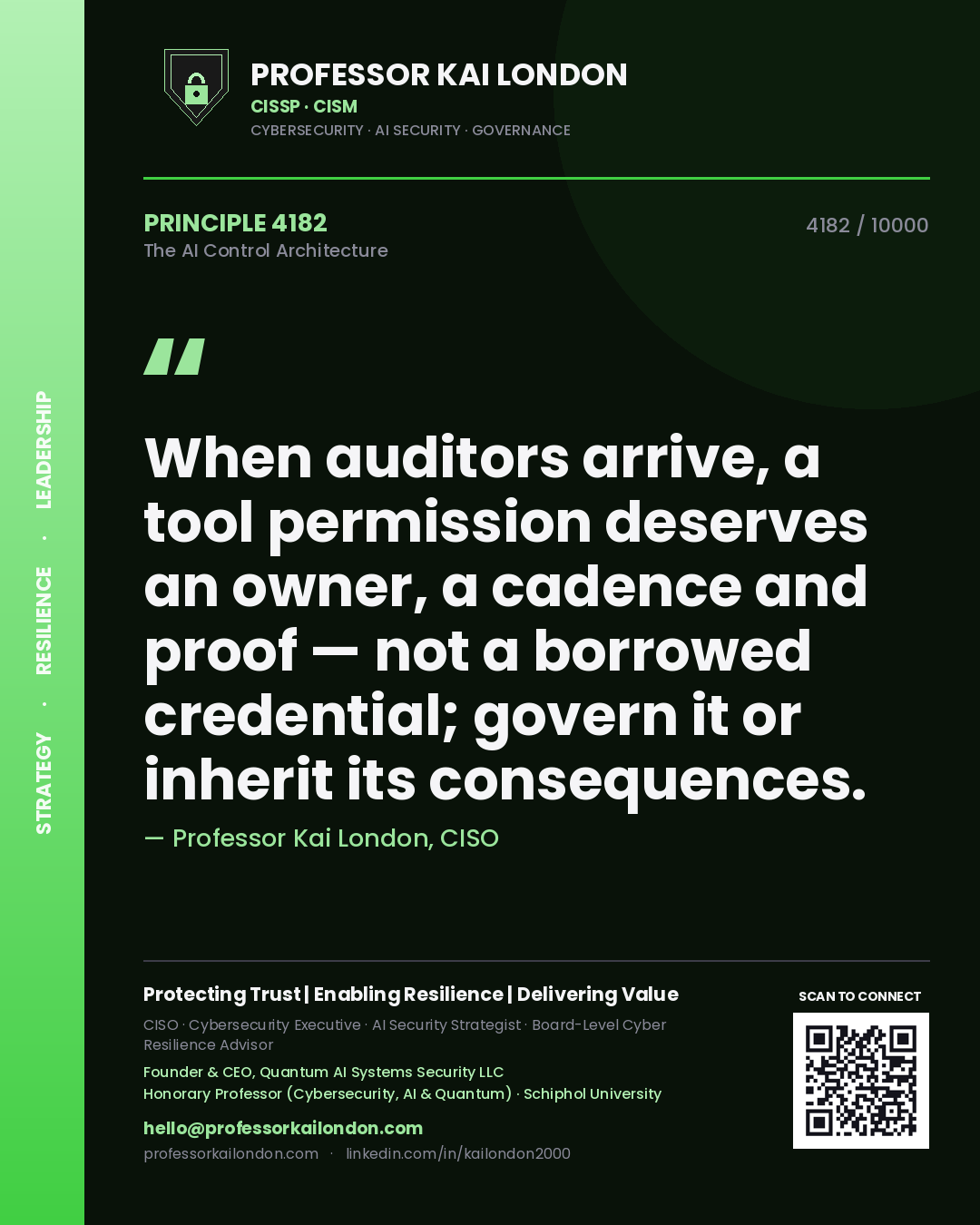 Quote card by Professor Kai London reading 'When auditors arrive, a tool permission deserves an owner, a cadence and proof — not a borrowed credential; govern it or inherit its consequences.'. From the book The AI Control Architecture.