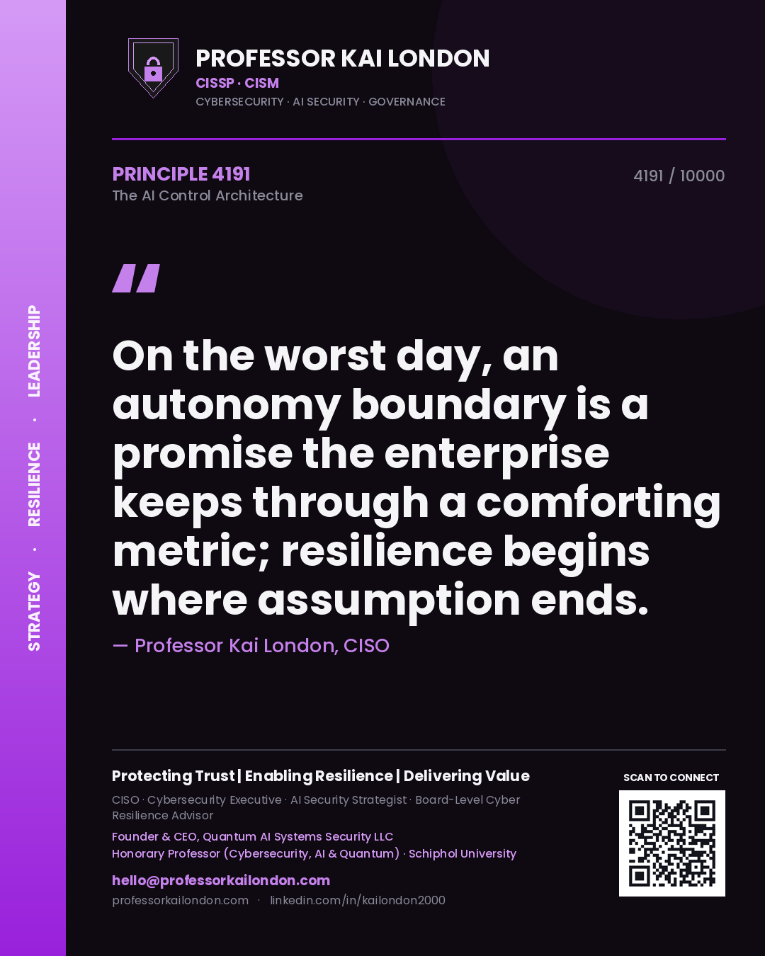 Professor Kai London principle 4191: On the worst day, an autonomy boundary is a promise the enterprise keeps through a comforting metric; resilience begins where assumption ends.