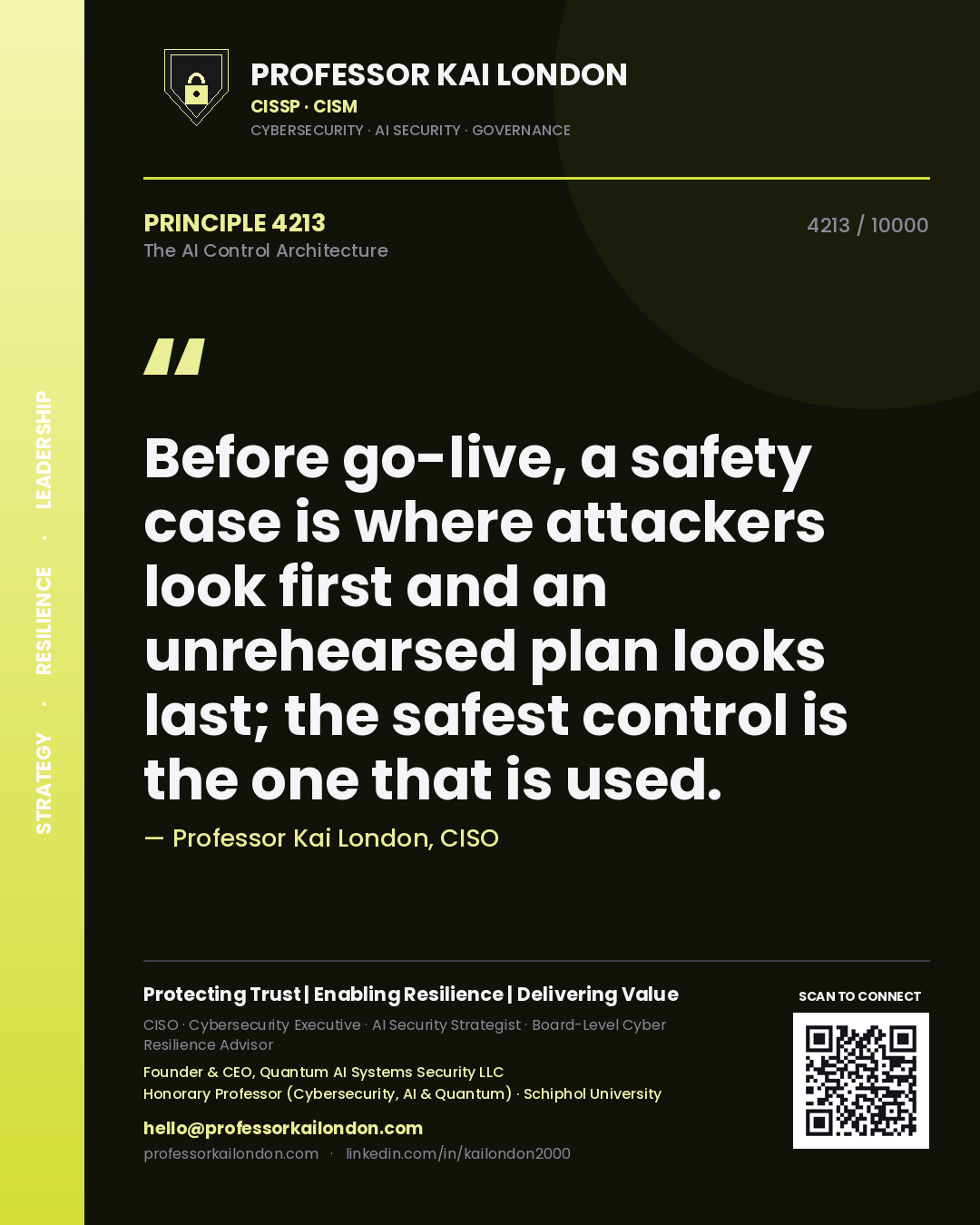 Professor Kai London principle 4213: Before go-live, a safety case is where attackers look first and an unrehearsed plan looks last; the safest control is the one that is used.