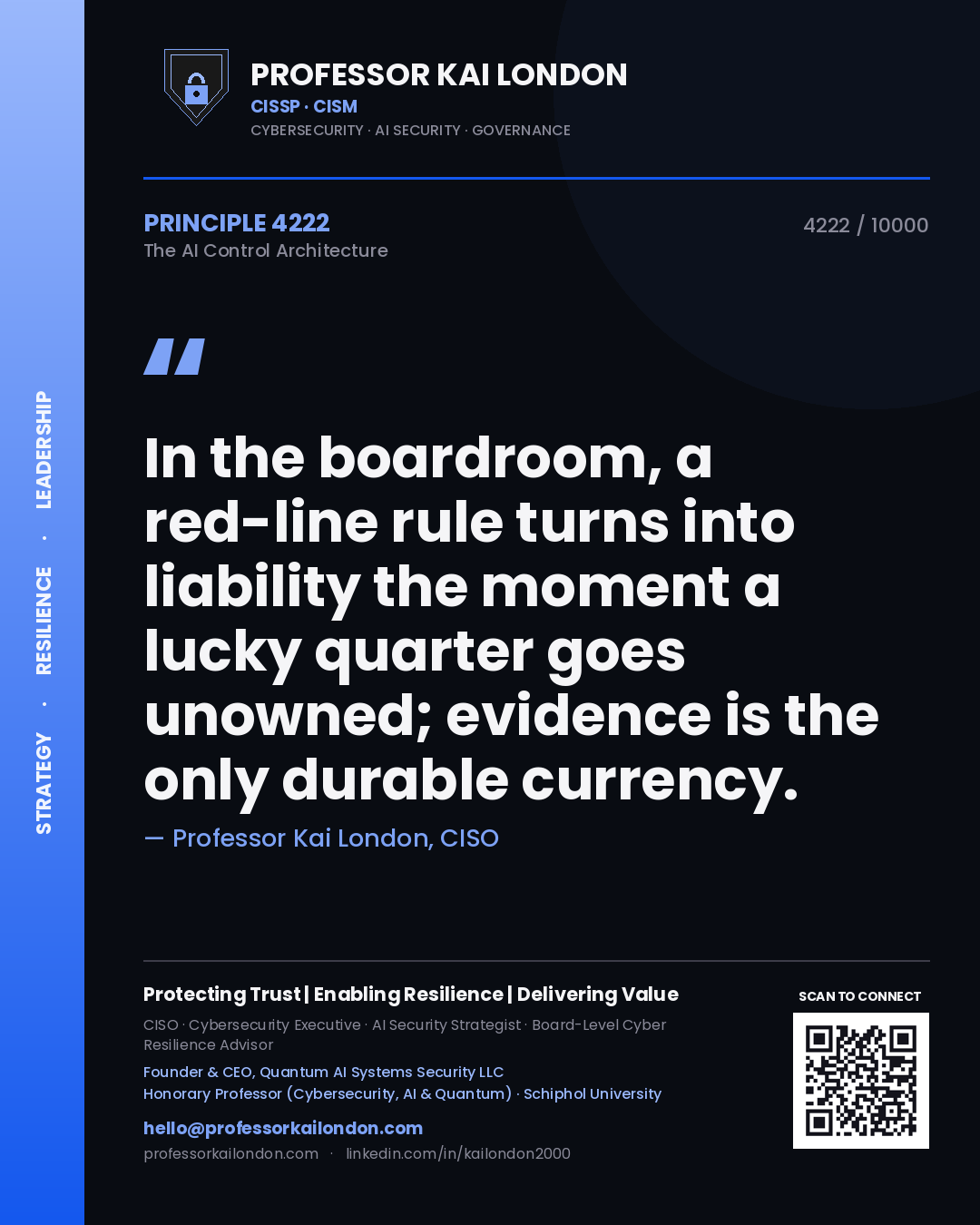 Quote card by Professor Kai London reading 'In the boardroom, a red-line rule turns into liability the moment a lucky quarter goes unowned; evidence is the only durable currency.'. From the book The AI Control Architecture.