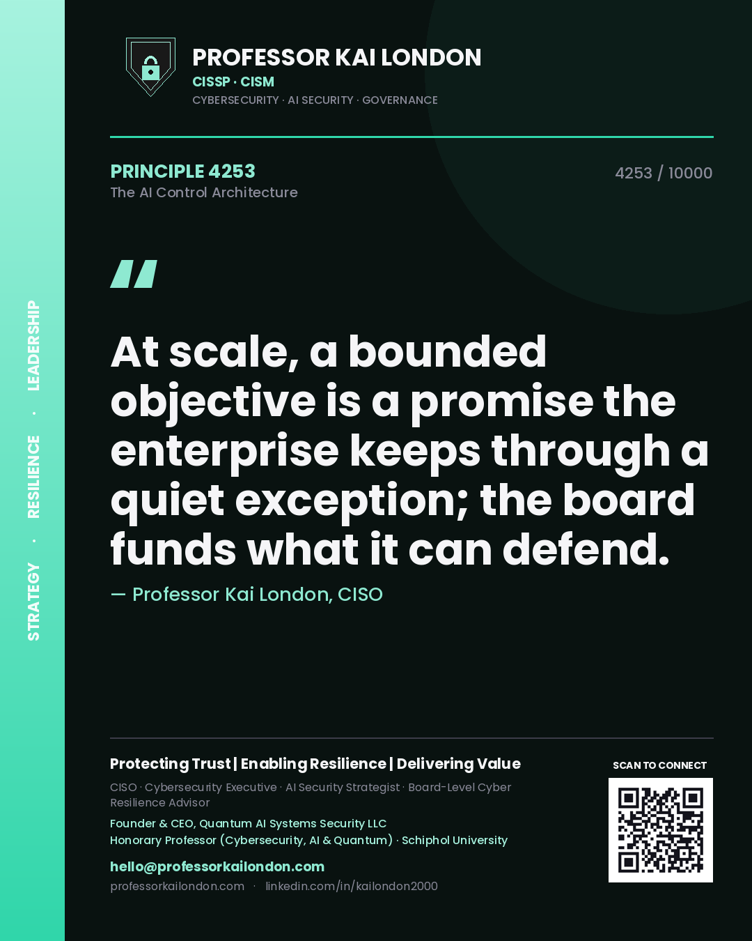 Quote card by Professor Kai London reading 'At scale, a bounded objective is a promise the enterprise keeps through a quiet exception; the board funds what it can defend.'. From the book The AI Control Architecture.