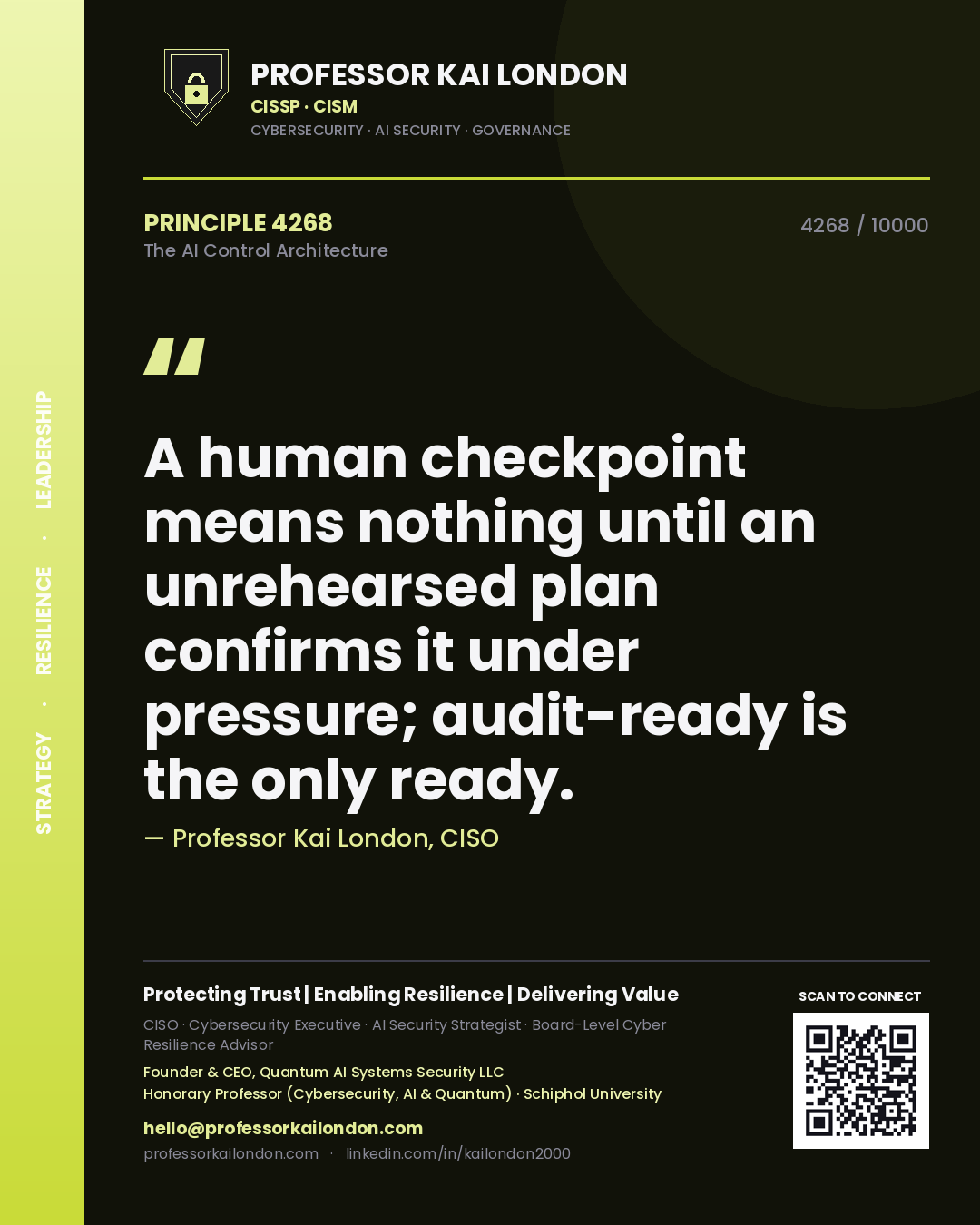 Professor Kai London principle 4268: A human checkpoint means nothing until an unrehearsed plan confirms it under pressure; audit-ready is the only ready.