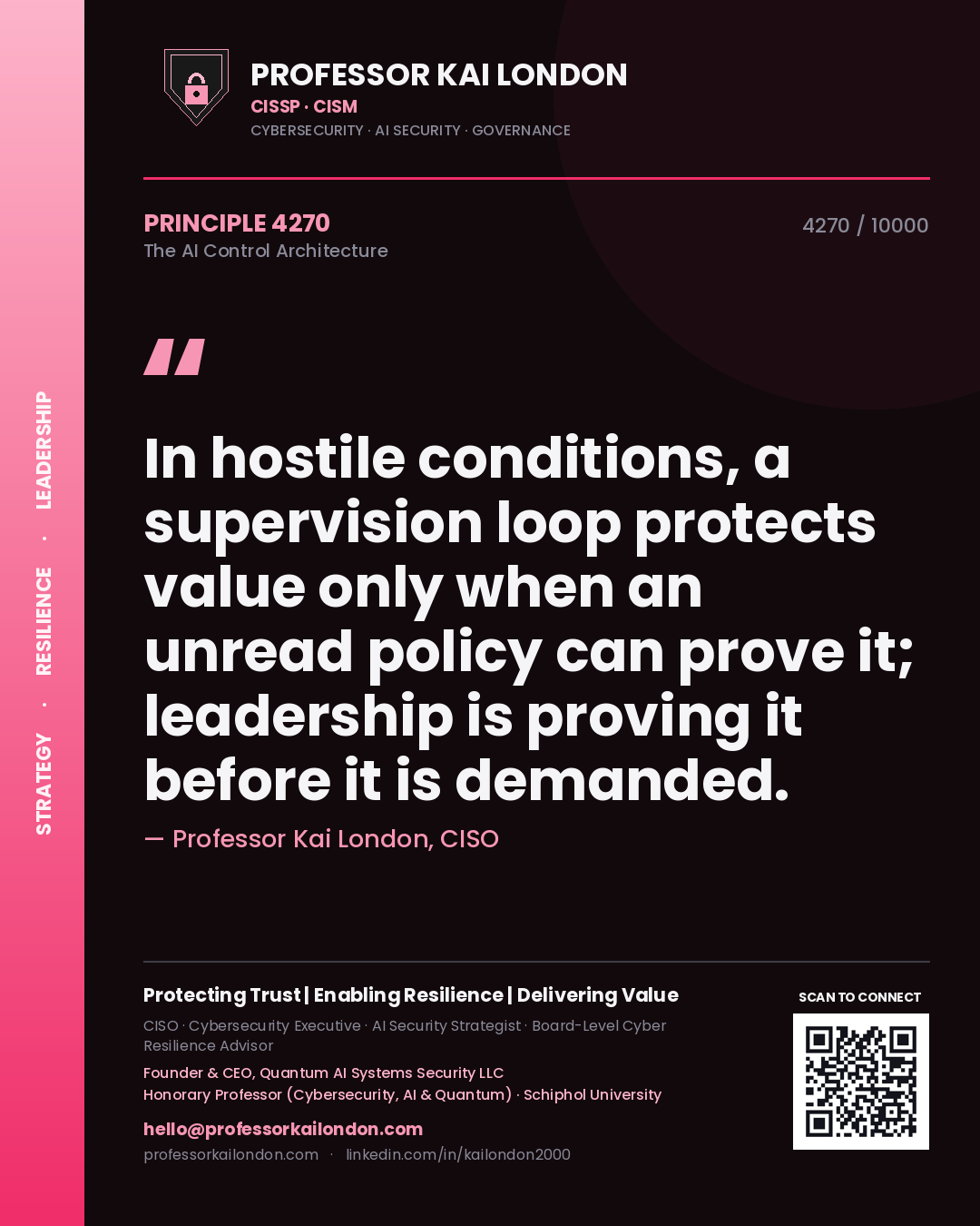 Professor Kai London principle 4270: In hostile conditions, a supervision loop protects value only when an unread policy can prove it; leadership is proving it before it is demanded.
