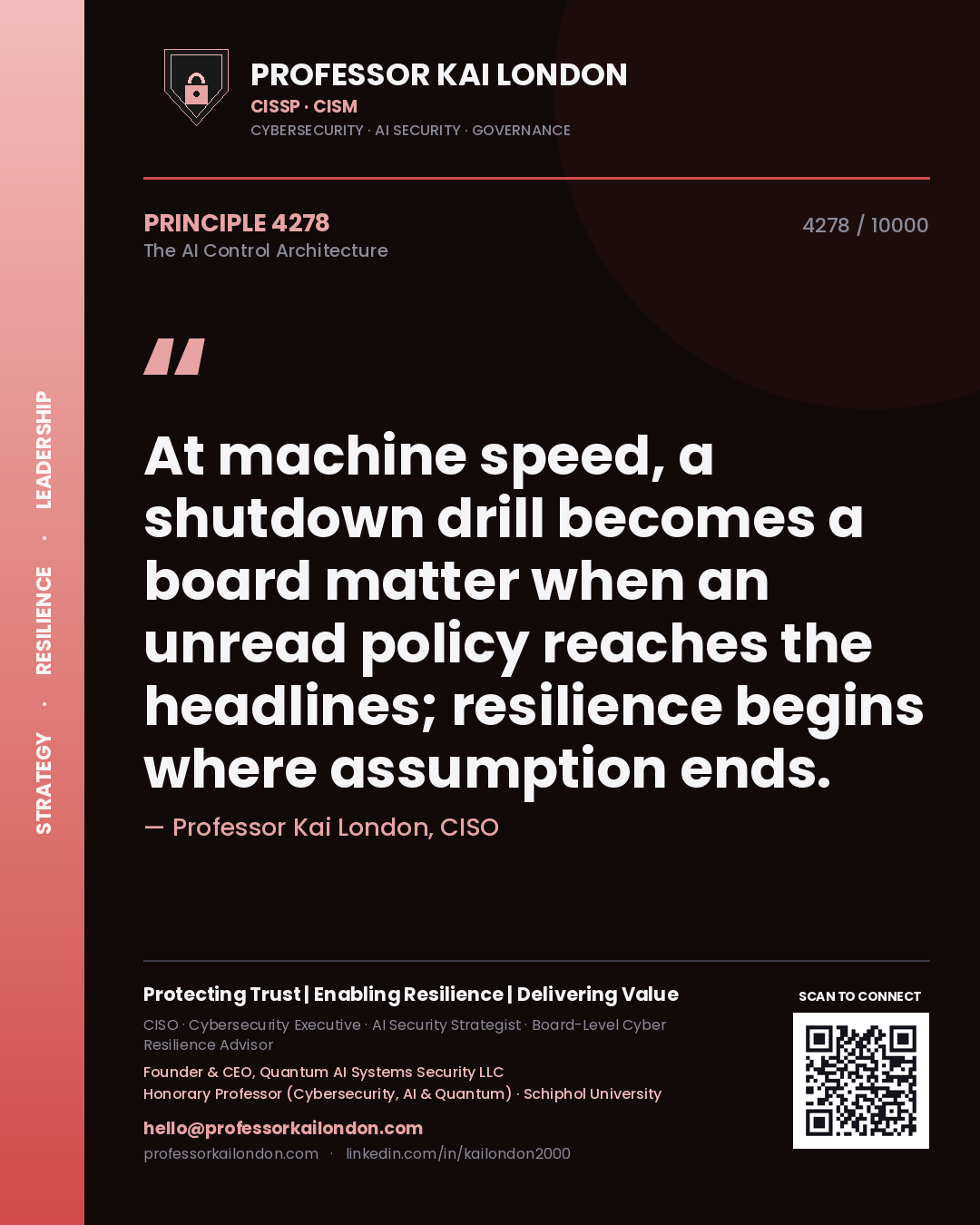 Quote card by Professor Kai London reading 'At machine speed, a shutdown drill becomes a board matter when an unread policy reaches the headlines; resilience begins where assumption ends.'. From the book The AI Control Architecture.