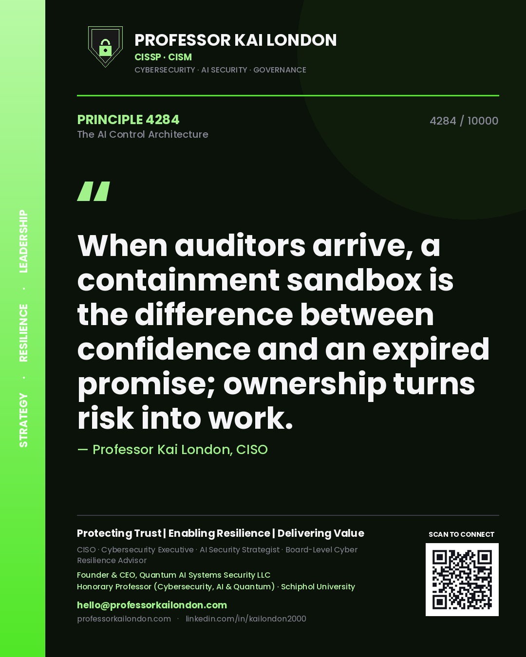 Professor Kai London principle 4284: When auditors arrive, a containment sandbox is the difference between confidence and an expired promise; ownership turns risk into work.