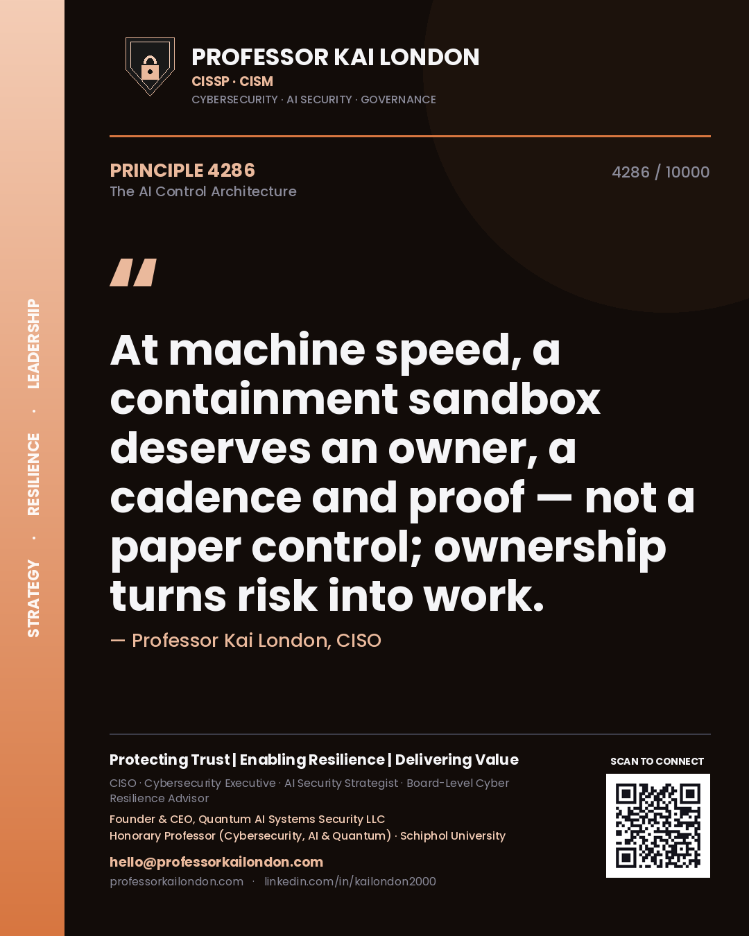 Quote card by Professor Kai London reading 'At machine speed, a containment sandbox deserves an owner, a cadence and proof — not a paper control; ownership turns risk into work.'. From the book The AI Control Architecture.