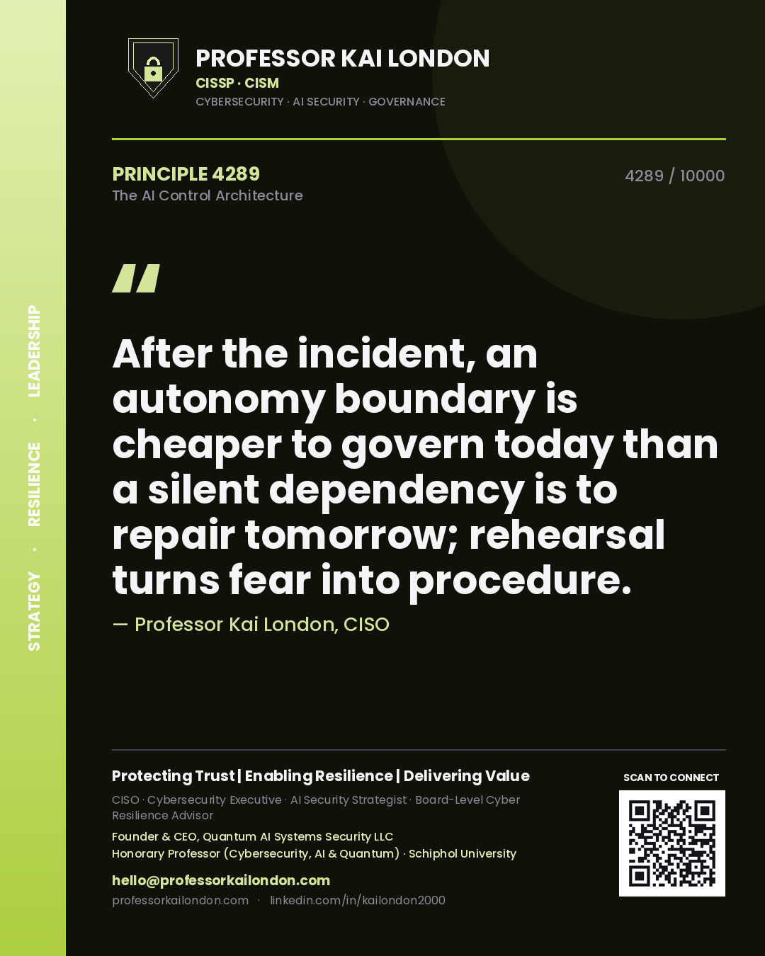 Professor Kai London principle 4289: After the incident, an autonomy boundary is cheaper to govern today than a silent dependency is to repair tomorrow; rehearsal turns fear into procedure.