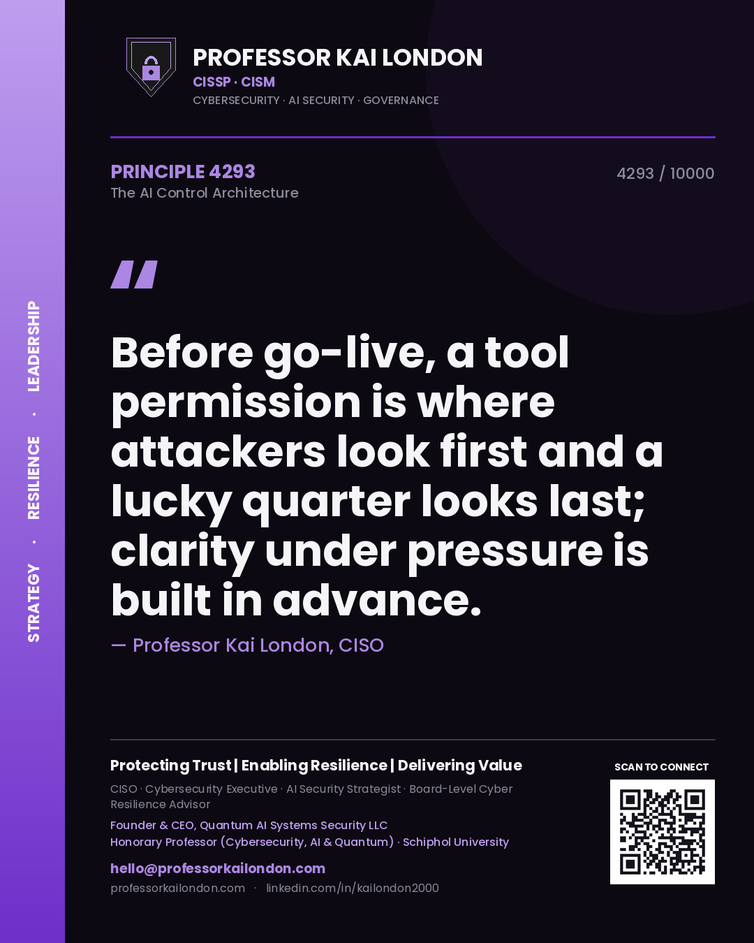 Professor Kai London principle 4293: Before go-live, a tool permission is where attackers look first and a lucky quarter looks last; clarity under pressure is built in advance.
