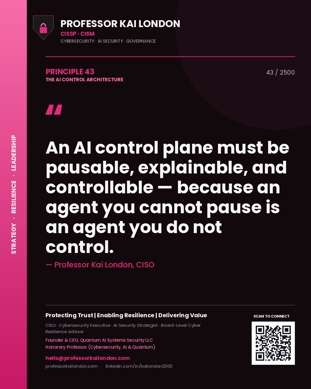 Quote card by Professor Kai London reading 'An AI control plane must be pausable, explainable, and controllable — because an agent you cannot pause is an agent you do not control.'. From the book The AI Control Architecture.