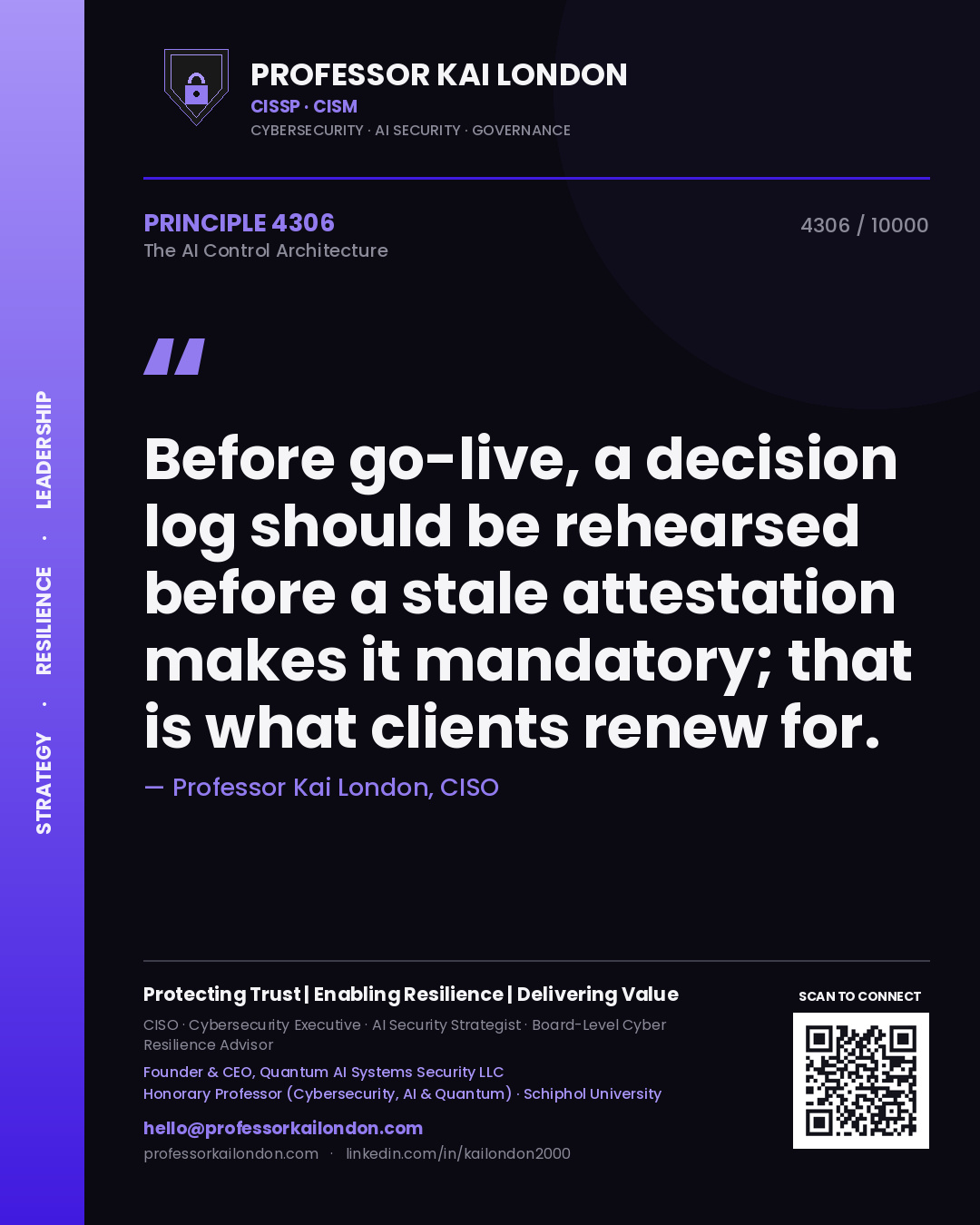 Professor Kai London principle 4306: Before go-live, a decision log should be rehearsed before a stale attestation makes it mandatory; that is what clients renew for.