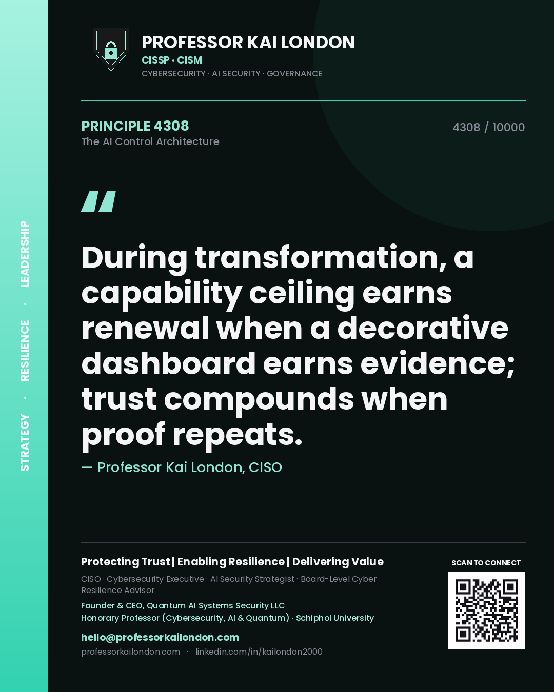 Quote card by Professor Kai London reading 'During transformation, a capability ceiling earns renewal when a decorative dashboard earns evidence; trust compounds when proof repeats.'. From the book The AI Control Architecture.