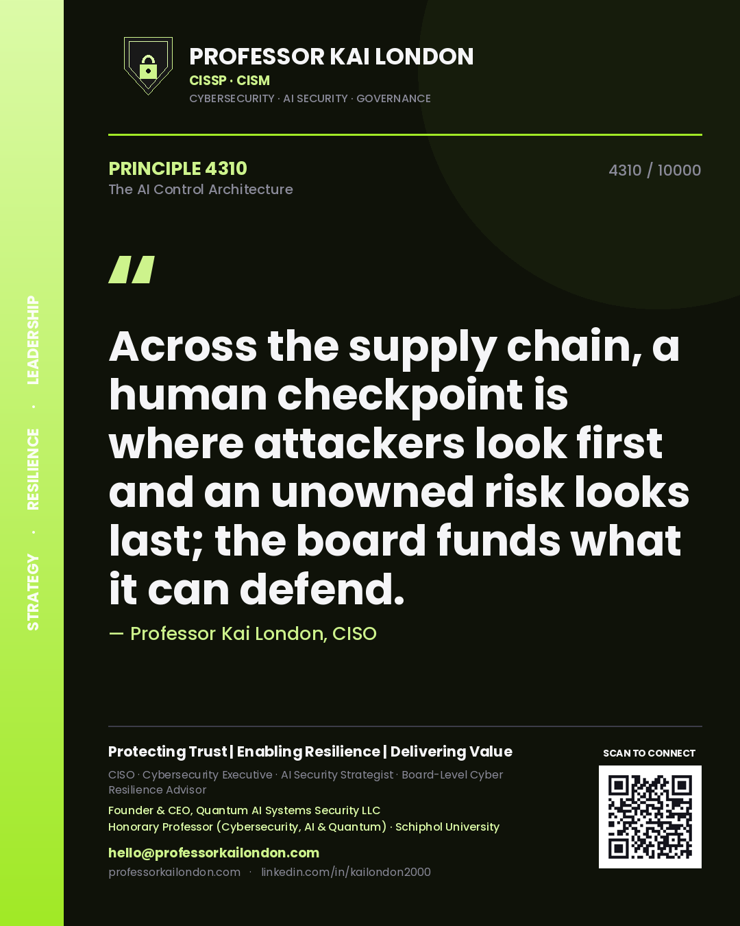 Professor Kai London principle 4310: Across the supply chain, a human checkpoint is where attackers look first and an unowned risk looks last; the board funds what it can defend.