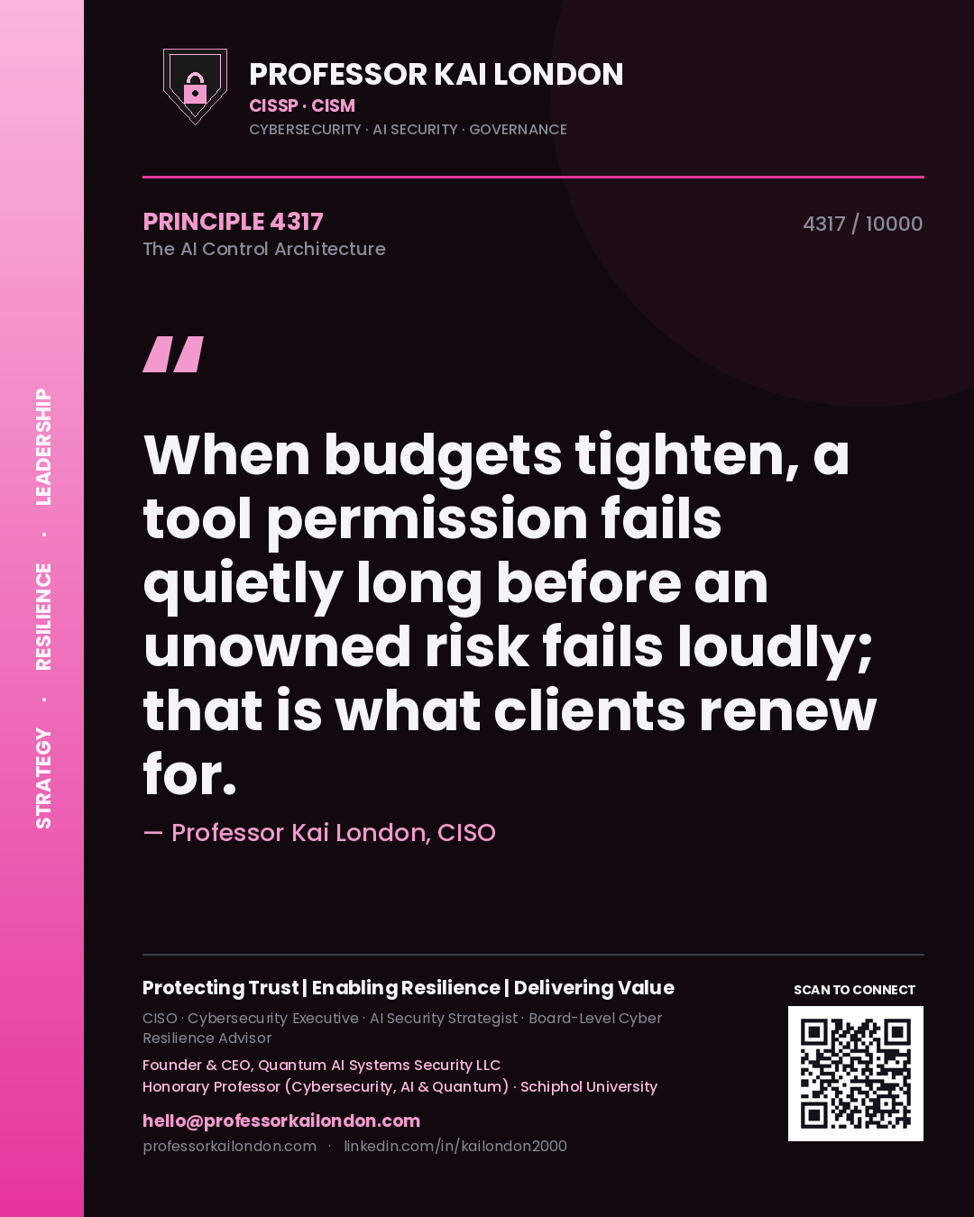Professor Kai London principle 4317: When budgets tighten, a tool permission fails quietly long before an unowned risk fails loudly; that is what clients renew for.