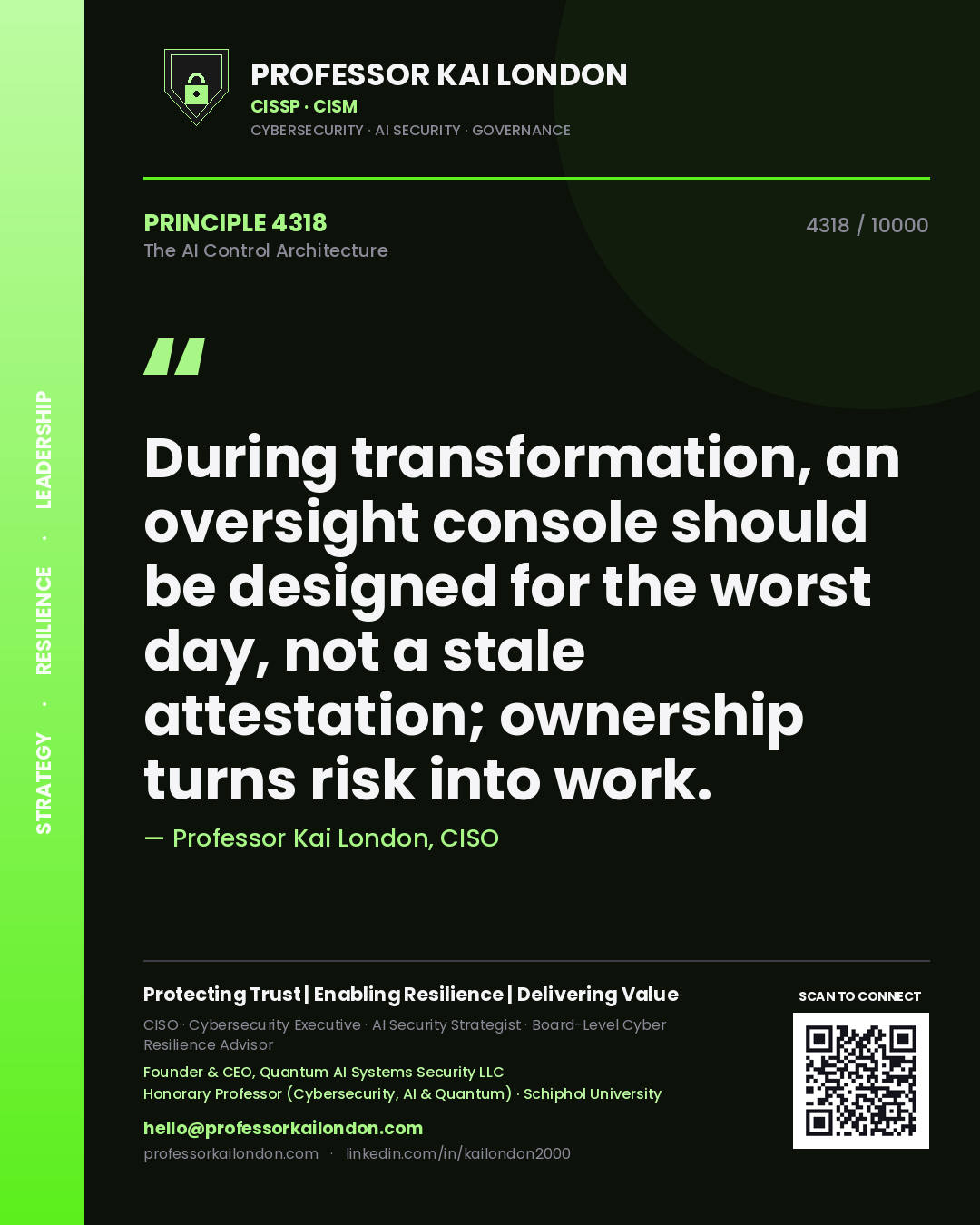 Quote card by Professor Kai London reading 'During transformation, an oversight console should be designed for the worst day, not a stale attestation; ownership turns risk into work.'. From the book The AI Control Architecture.