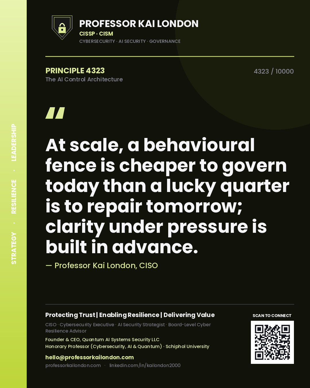 Quote card by Professor Kai London reading 'At scale, a behavioural fence is cheaper to govern today than a lucky quarter is to repair tomorrow; clarity under pressure is built in advance.'. From the book The AI Control Architecture.