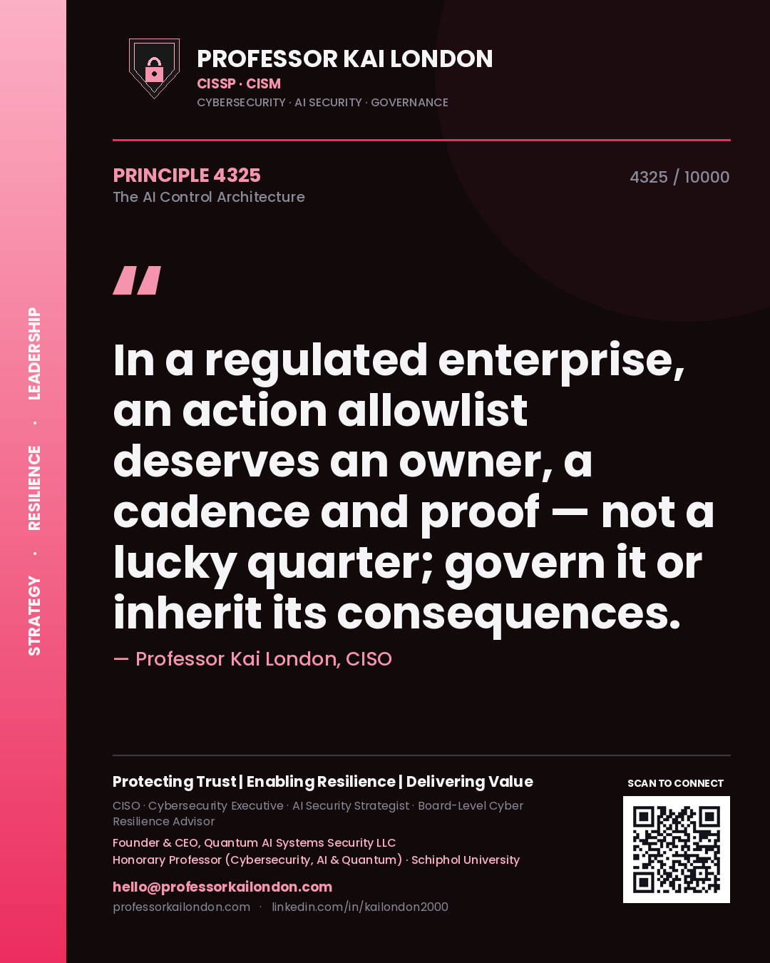 Professor Kai London principle 4325: In a regulated enterprise, an action allowlist deserves an owner, a cadence and proof — not a lucky quarter; govern it or inherit its consequences.