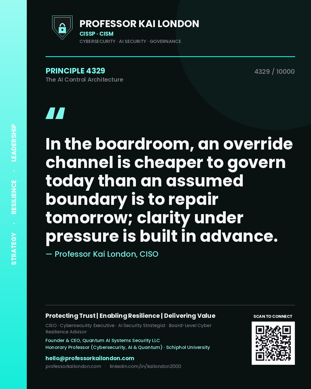 Professor Kai London principle 4329: In the boardroom, an override channel is cheaper to govern today than an assumed boundary is to repair tomorrow; clarity under pressure is built in advance.