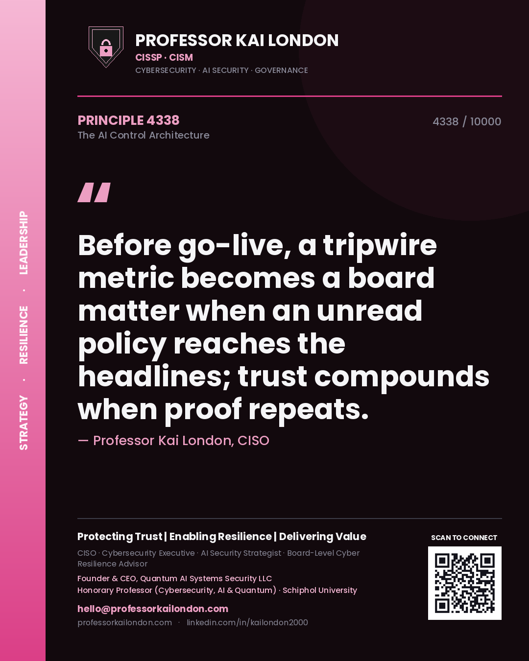 Quote card by Professor Kai London reading 'Before go-live, a tripwire metric becomes a board matter when an unread policy reaches the headlines; trust compounds when proof repeats.'. From the book The AI Control Architecture.