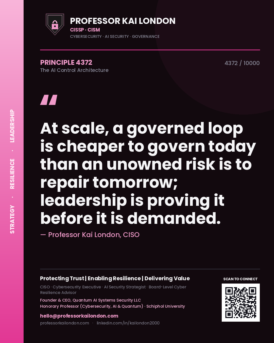Professor Kai London principle 4372: At scale, a governed loop is cheaper to govern today than an unowned risk is to repair tomorrow; leadership is proving it before it is demanded.