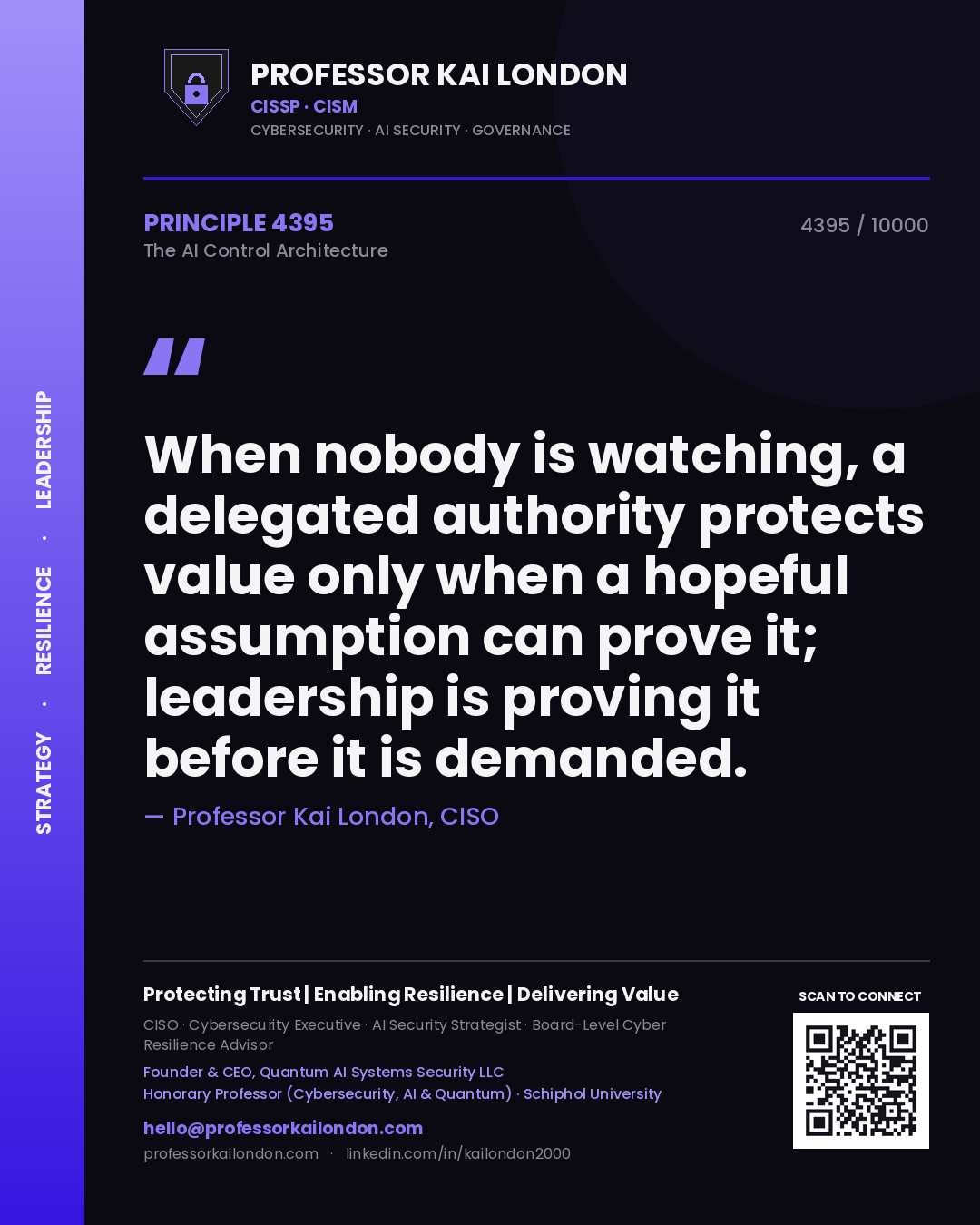 Quote card by Professor Kai London reading 'When nobody is watching, a delegated authority protects value only when a hopeful assumption can prove it; leadership is proving it before it is demanded.'. From the book The AI Control Architecture.