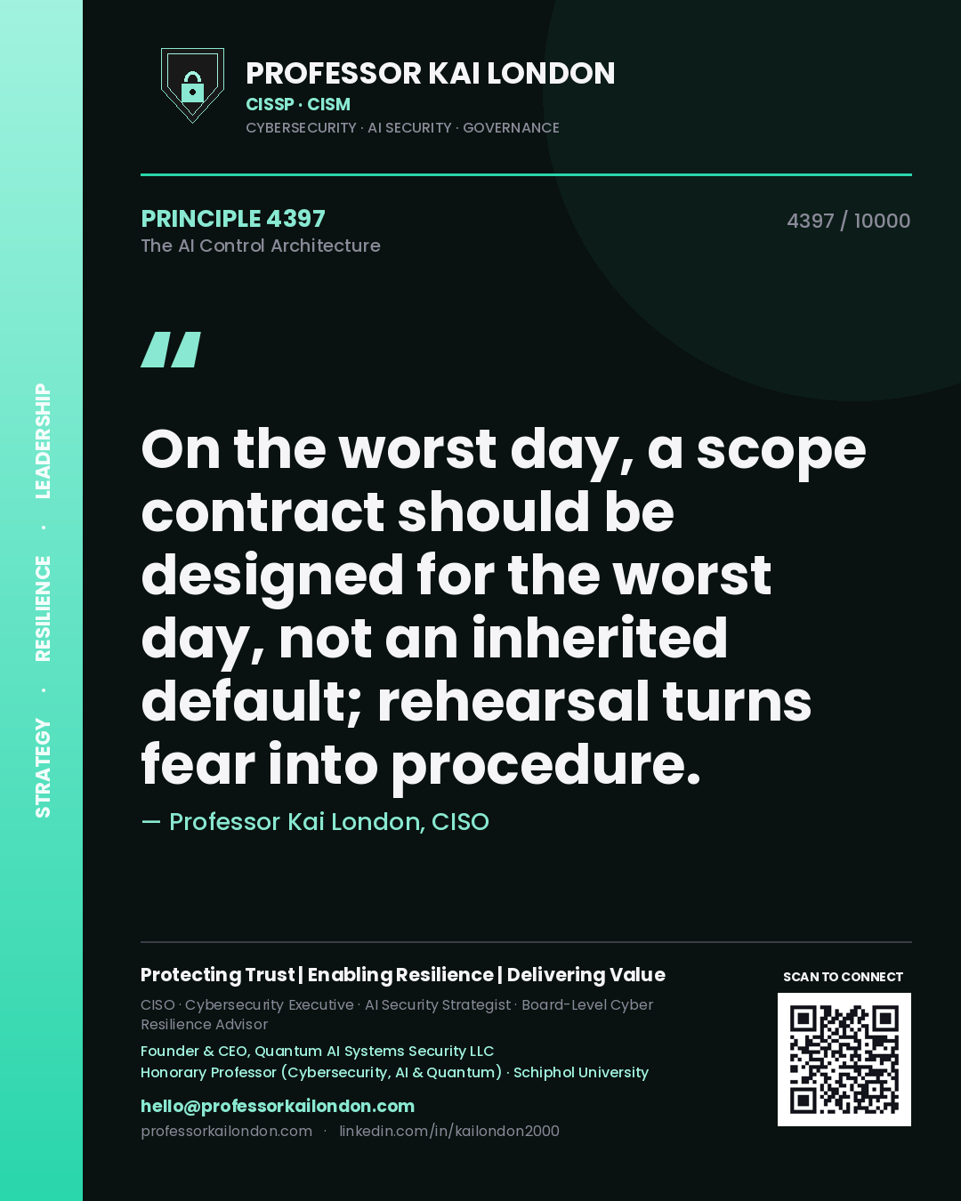 Professor Kai London principle 4397: On the worst day, a scope contract should be designed for the worst day, not an inherited default; rehearsal turns fear into procedure.